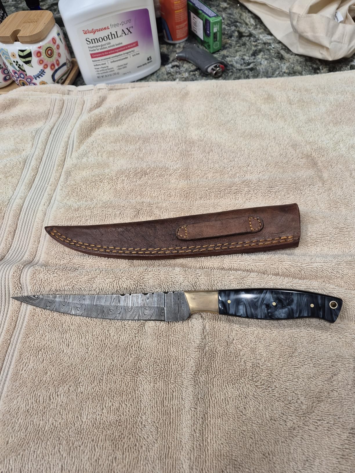 ColdLand Knives Damascus Steel Fillet Knife Making Kit - DIY Handmade Blank Blade with Rosewood Handle Scales, Brass Pins & Leather Sheath - Full Tang Single Bevel Fish Fillet Knife 11.25 Inch for Outdoor & Camping (Black-UKF01) customer photo 2