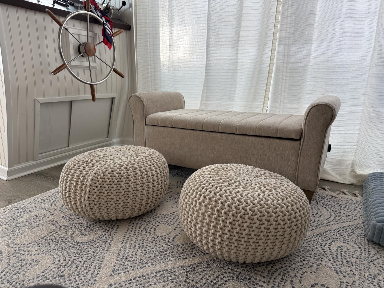 REDEARTH Round Pouf Ottoman - Cable Knitted Boho Poof - Home Decor Cord Pouffe Handmade Circular Footrest for Living Room - Bedroom - Kids Bedroom - 100% Cotton Pouf (18