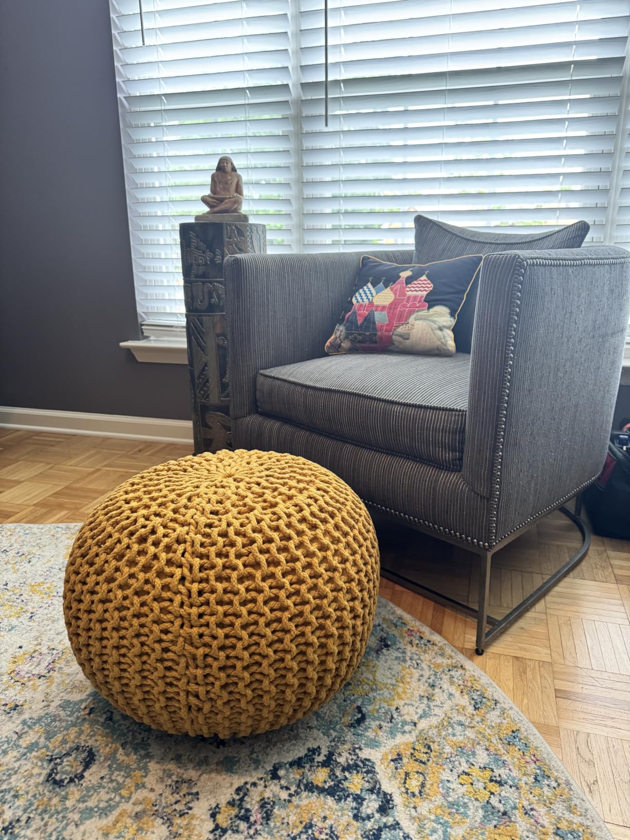 REDEARTH Round Pouf Ottoman - Cable Knitted Boho Poof - Home Decor Cord Pouffe Handmade Circular Footrest for Living Room - Bedroom - Kids Bedroom - 100% Cotton Pouf (18