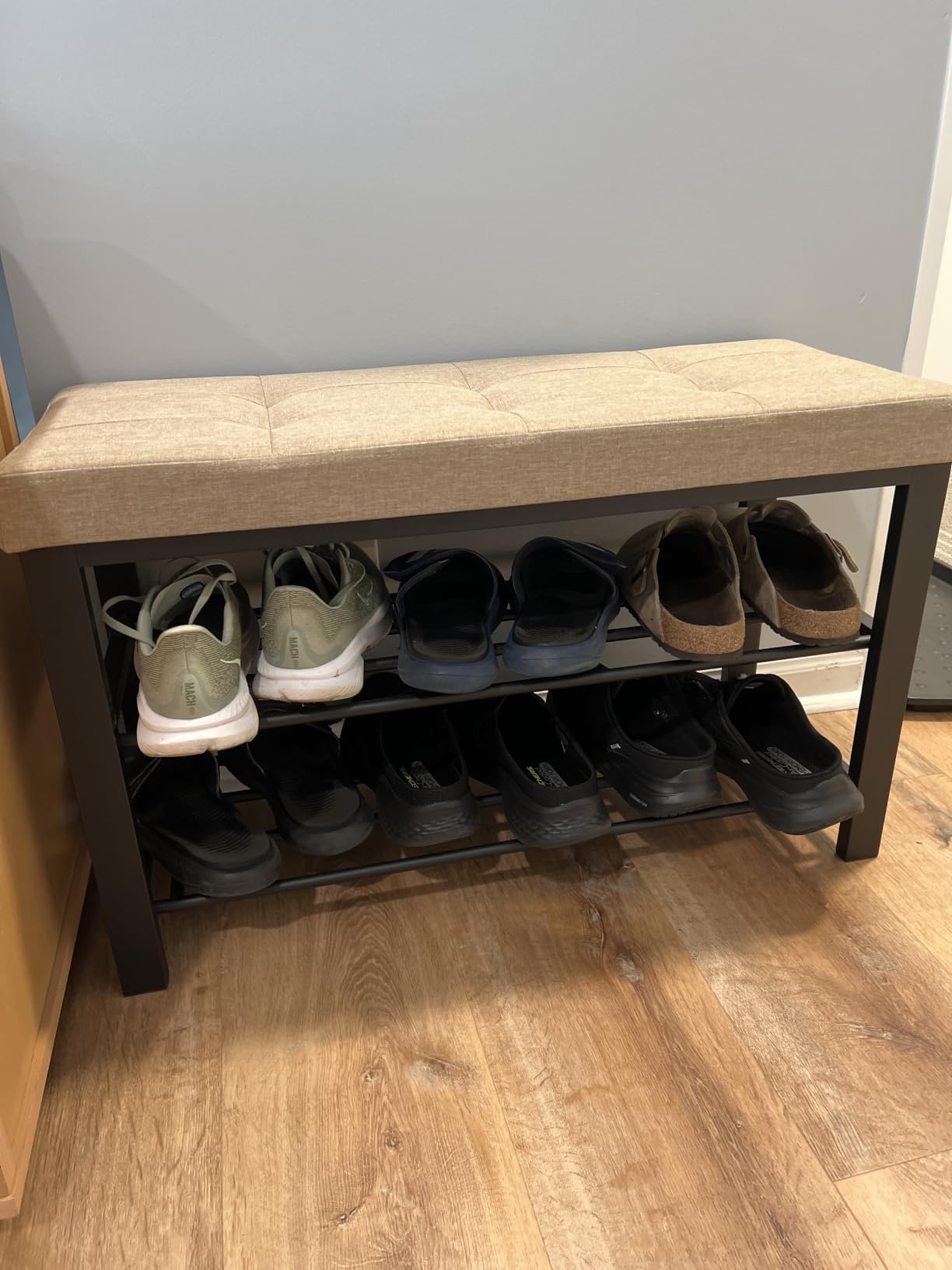 SONGMICS Shoe Bench, Storage Bench, Entryway Bench with Cushion, Shoe Shelf with Seat, Space-Saving, Modern Style, for Living Room, Bedroom, Hallway, Dark Gray and Ink Black ULBS57GYZ customer photo 2