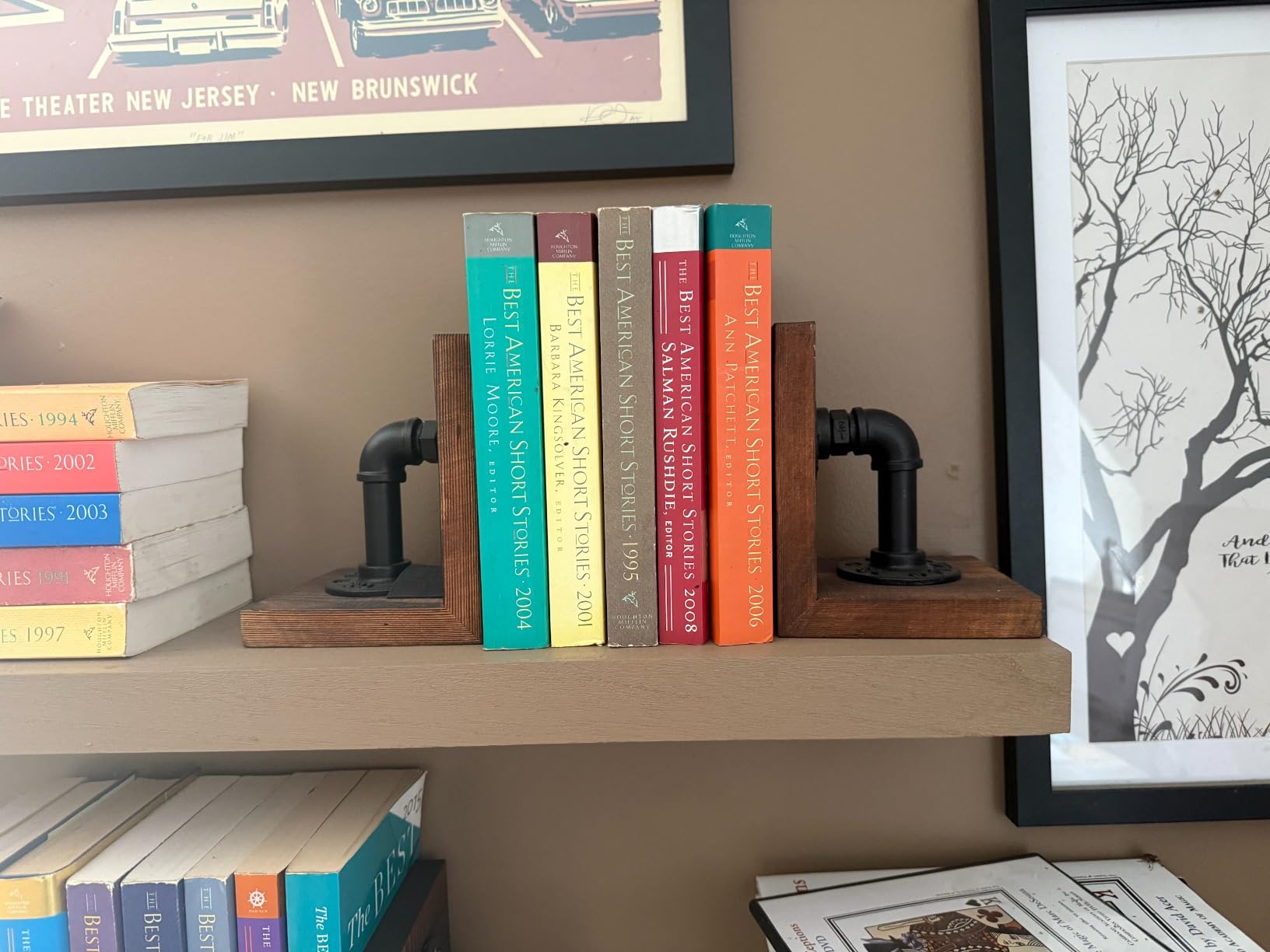 MyGift Book Ends Decorative, Bookends for Shelves, Metal Bookends for Heavy Books, Office Decor for Men, Wood Book Stopper, Realistic Industrial Pipe Design, Dark Brown customer photo 1
