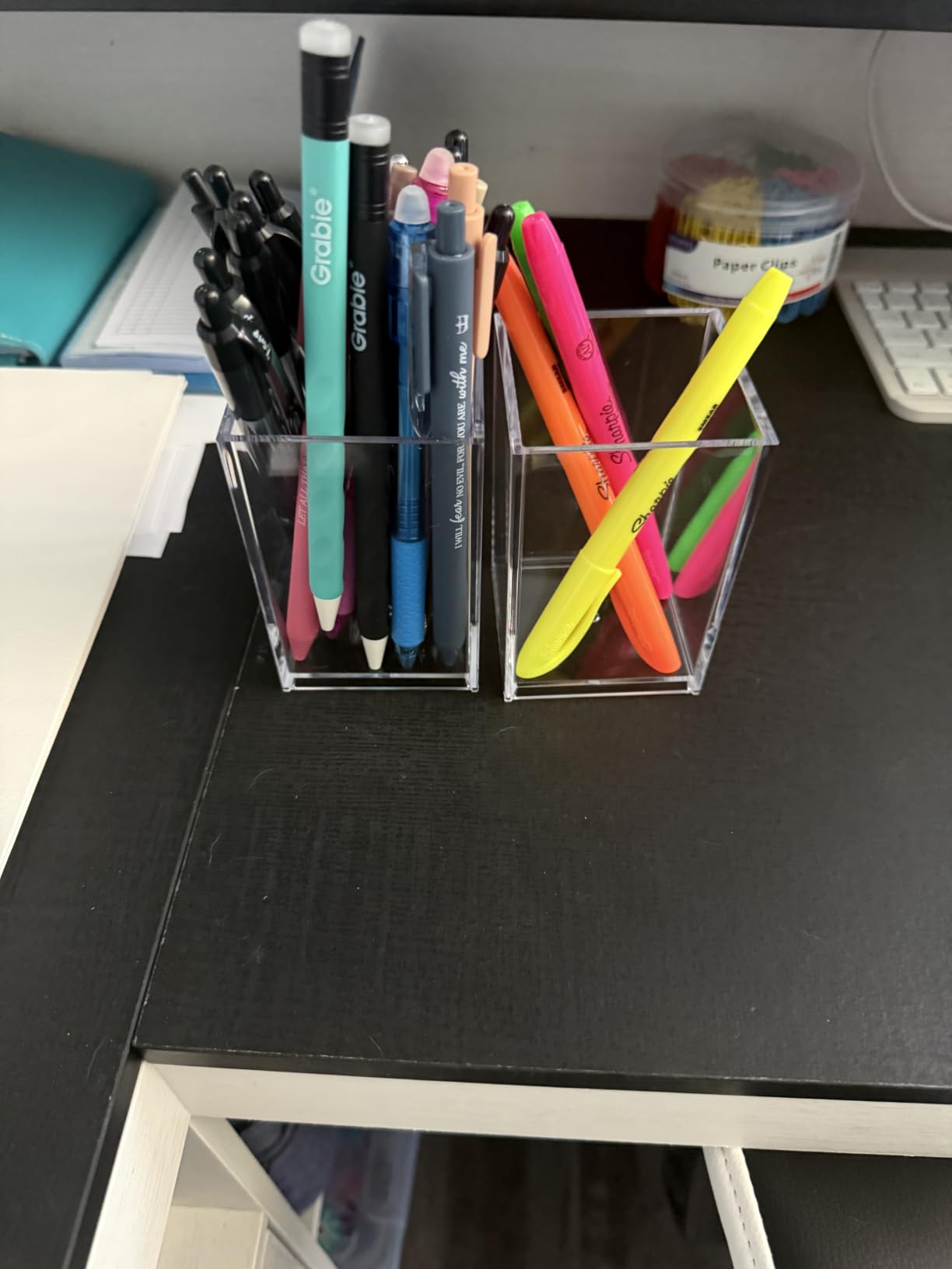 2 Pack Clear Acrylic Pencil Pen Holder Cup, Desk Accessories Holder, Makeup Brush Storage Organizer, Modern Design Desktop Stationery Organizer for Office School Home Supplies, 2.6 x 2.6 x 4 inches customer photo 1