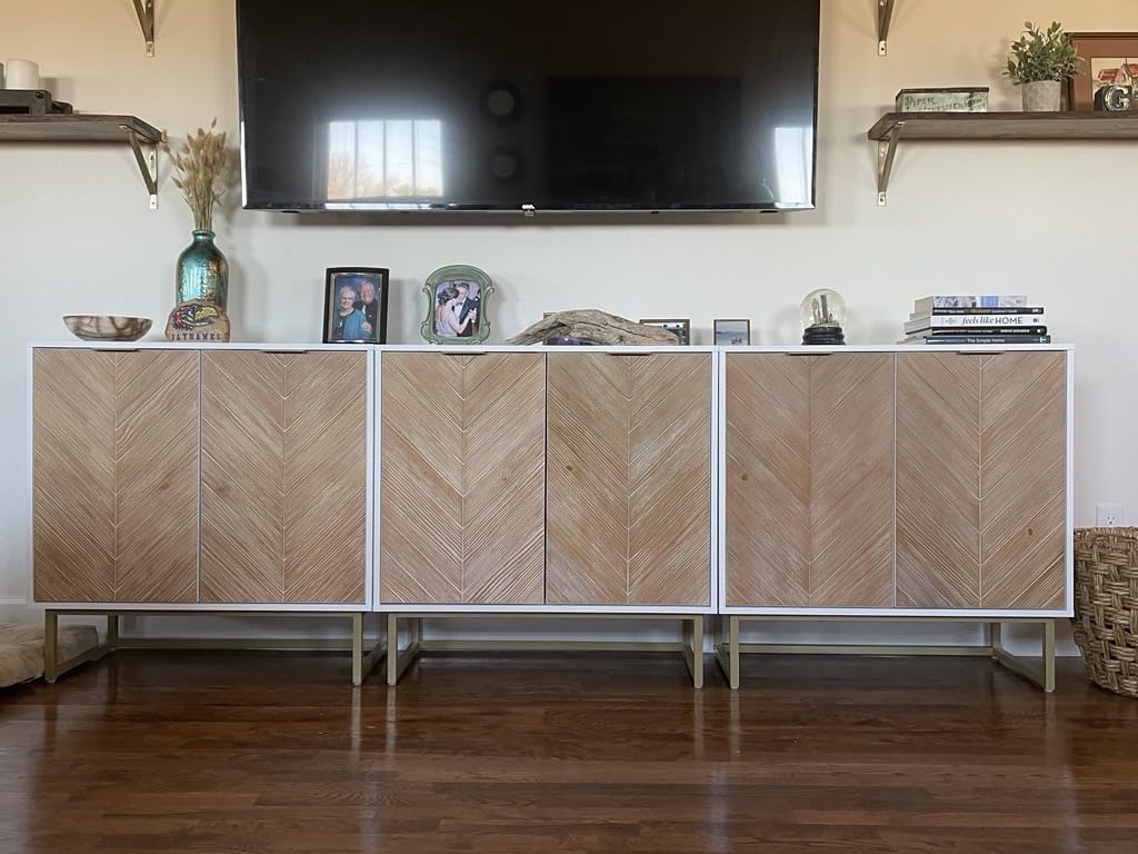 Nathan James Enloe Modern Storage Free Standing Accent Cabinet White with Doors in a Rustic Pine Wood Finish and Gold Powder-coated Metal Base for Hallway, Entryway or Living Room customer photo 1