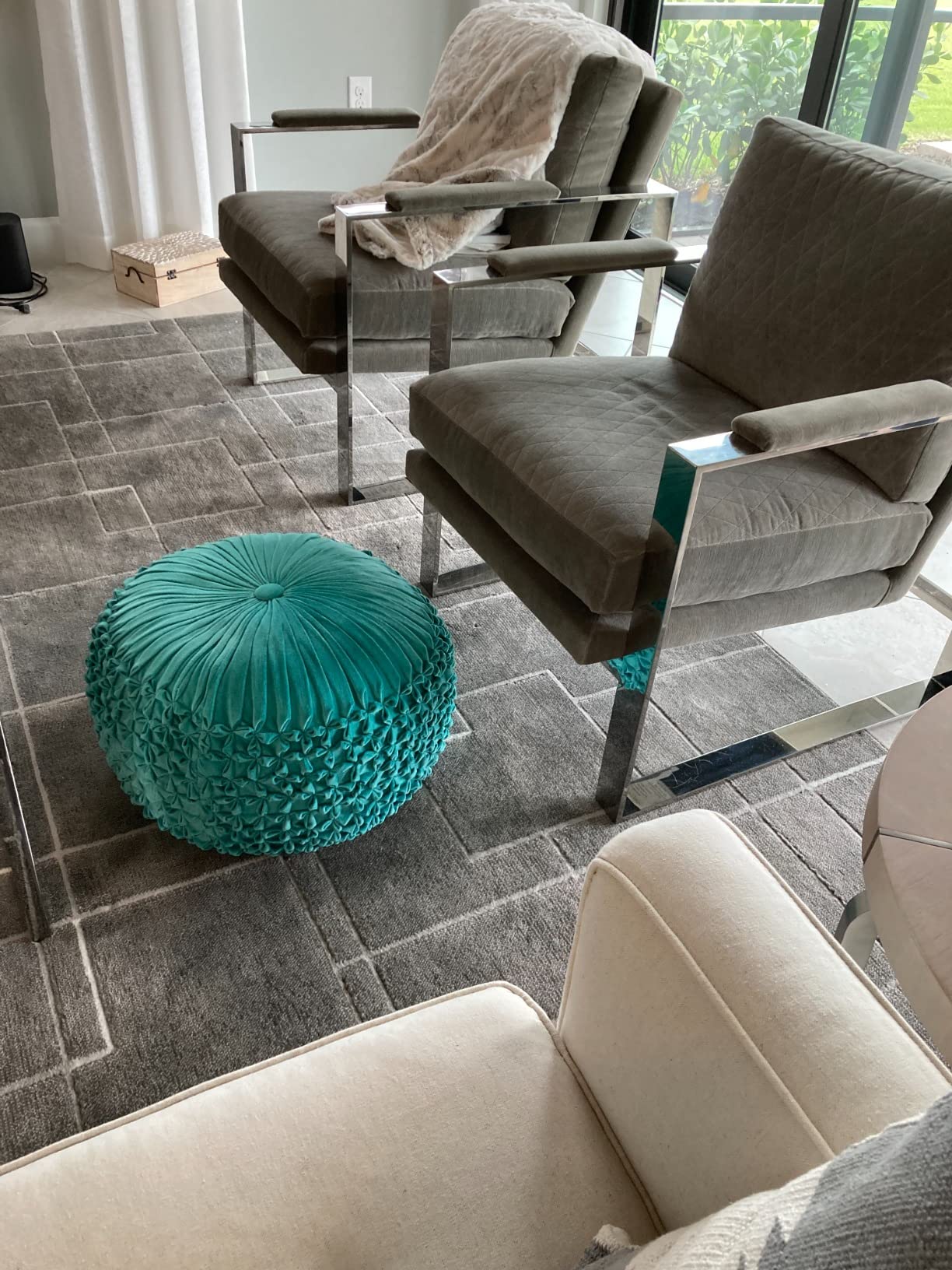 SIMPLIHOME Renee Round Pouf - 20 inch Wide Upholstered Velvet Ottoman in Teal, Boho Footstool or Extra Seating for Living Room or Bedroom with Button-Tufted Pleated Design, Assembled customer photo 2
