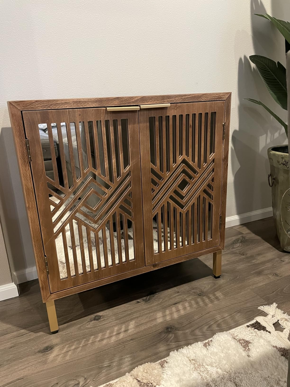 COZAYH 2 Door Accent Cabinet, Wood Sideboard Storage Furniture with Modern Geometric Mirror Front, Freestanding Home and Kitchen Cabinet, Brown/Silver customer photo 1