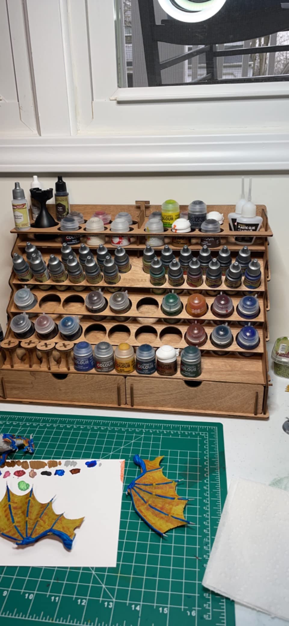 Plydolex Plywood Corner Model Paint Organizer - 32 Bottle & 46 Brush Slots Rack, 3 Shelves, 6 Stands & a Photo-Shooting Scene - Suits Tamiya, Vallejo, Citadel Paints - Works for Warhammer 40K, DnD customer photo 1