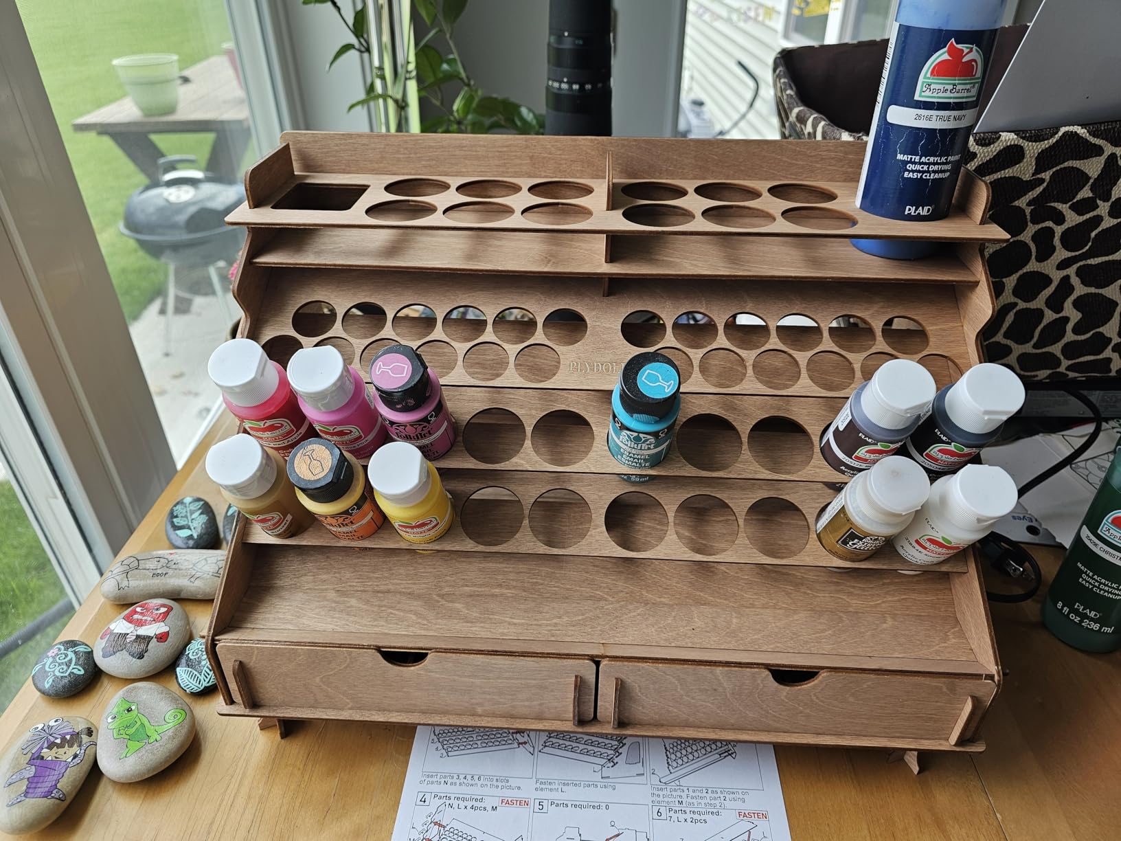 Plydolex Plywood Corner Model Paint Organizer - 32 Bottle & 46 Brush Slots Rack, 3 Shelves, 6 Stands & a Photo-Shooting Scene - Suits Tamiya, Vallejo, Citadel Paints - Works for Warhammer 40K, DnD customer photo 2