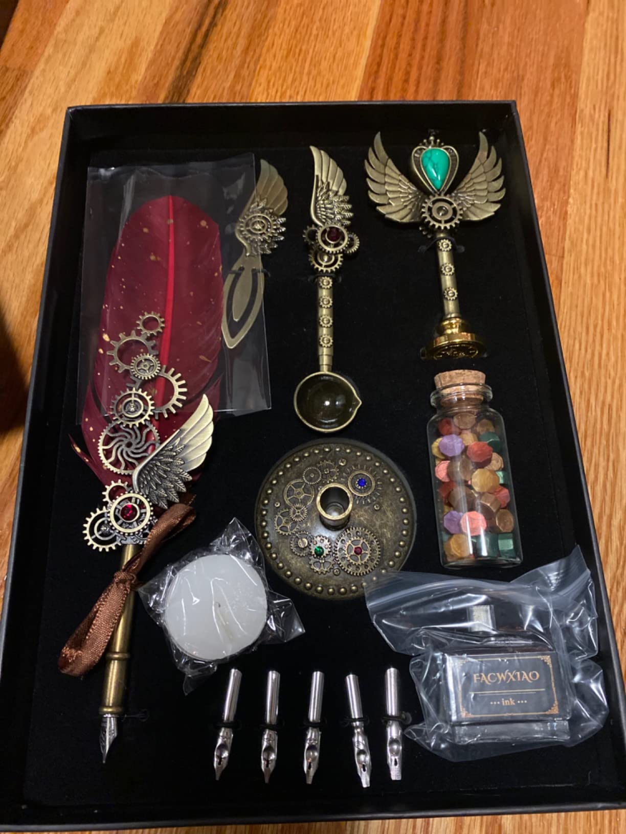 Quill Pen Set, Green, Feather Pen, Ink, Bookmarks, Seals, Nibs, Wax Bead, Envelopes, Writing Paper, Gift Box customer photo 2