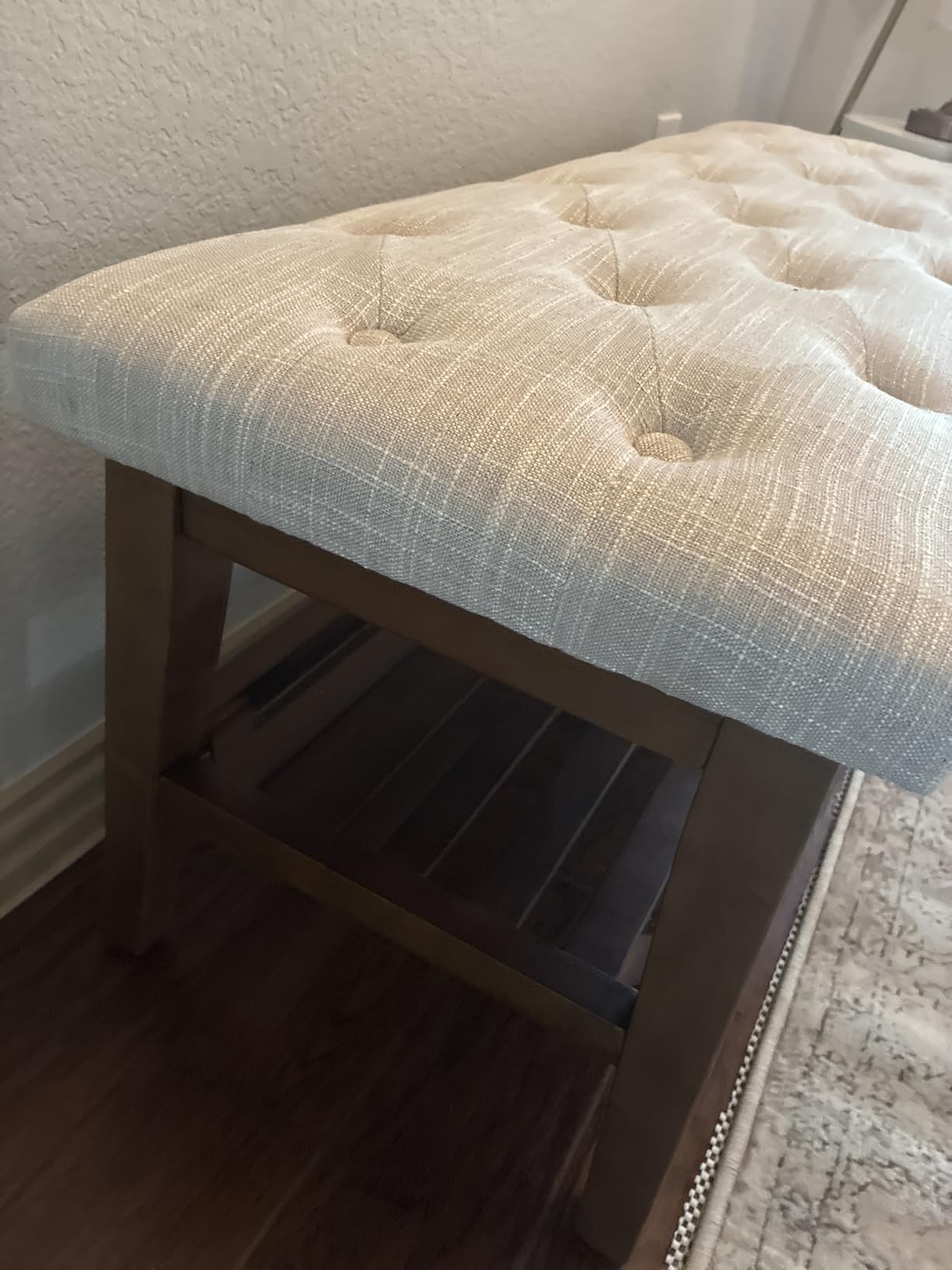 HUIMO Entryway Shoe Bench, End of Bed Bench, Upholstered Button-Tufted Bench for Kitchen, Fabric Ottoman Bench for Living Room, Padded Bench with Solid Wood Shelf Beige customer photo 1
