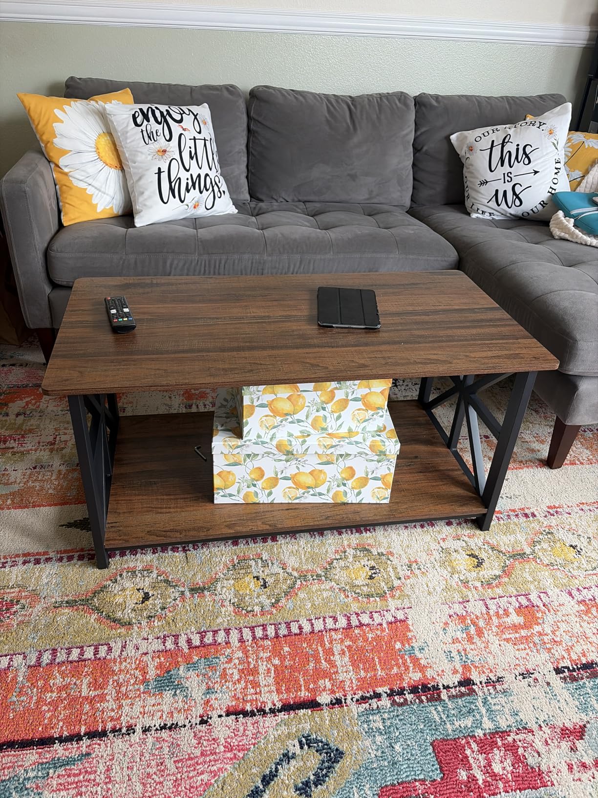 GreenForest Round Corners Coffee Table for Living Room, Farmhouse Style Center Table with Storage Shelf, 39 Inch Space Saving Sofa Table, Easy Assembly, Gray Wash customer photo 1