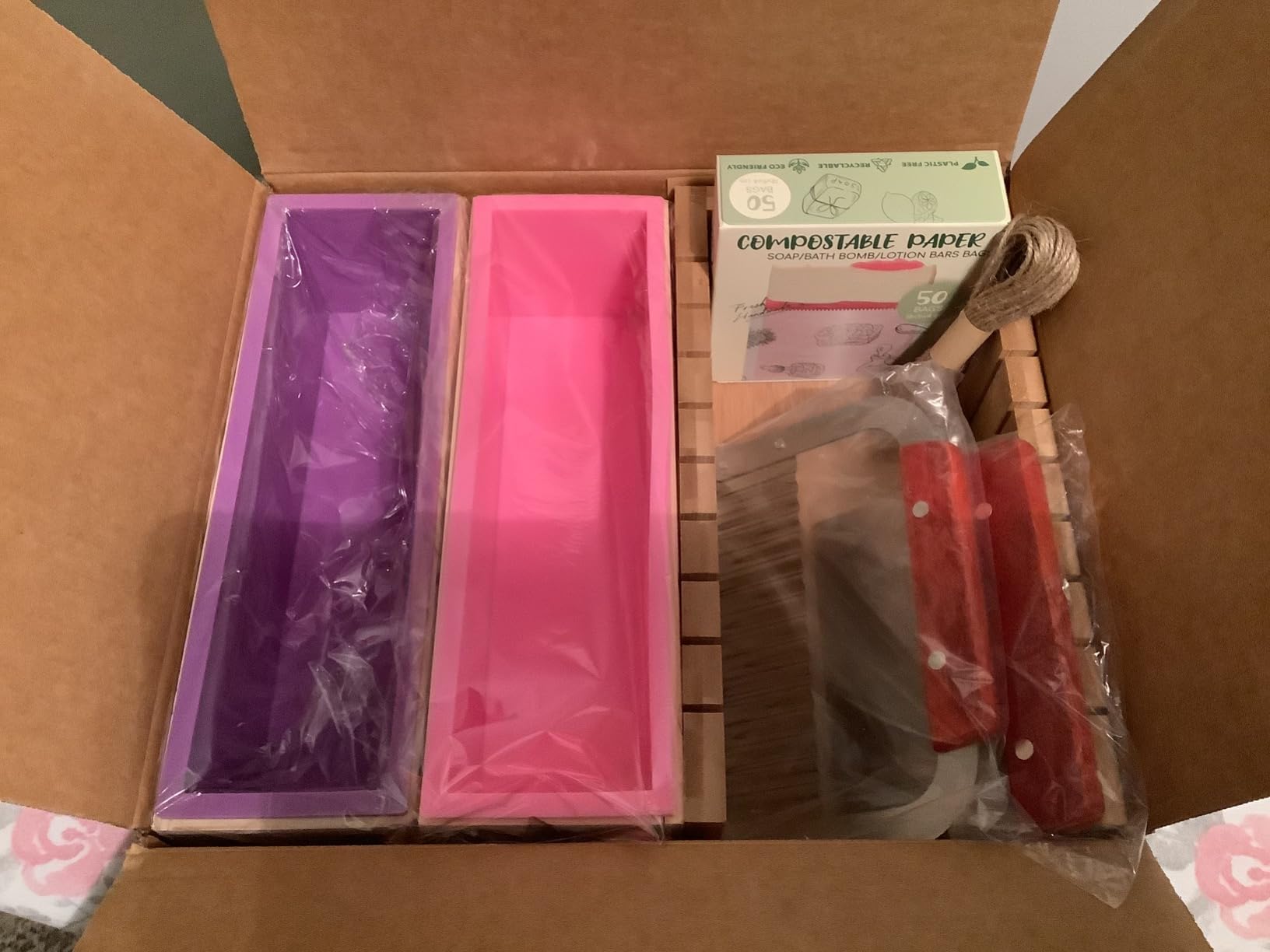 Soap Mold Making Kit with Wooden Cutter Soap Molds Silicone 46oz Purple | Melt and Pour or Cold Process, 50pc Soap Packaging Paper Bags and Slicer | Gift for Wife Women Housewife Soaper customer photo 2