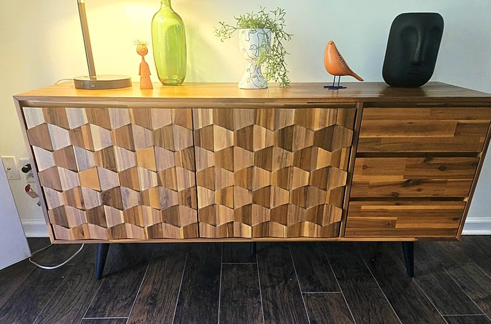Bme Sideboard Georgina Solid Wood 2 Doors & 3 Drawers, 61'' Mid Century Modern Cabinet with Geometric Pattern for Kitchen, Dining, Living Room customer photo 1