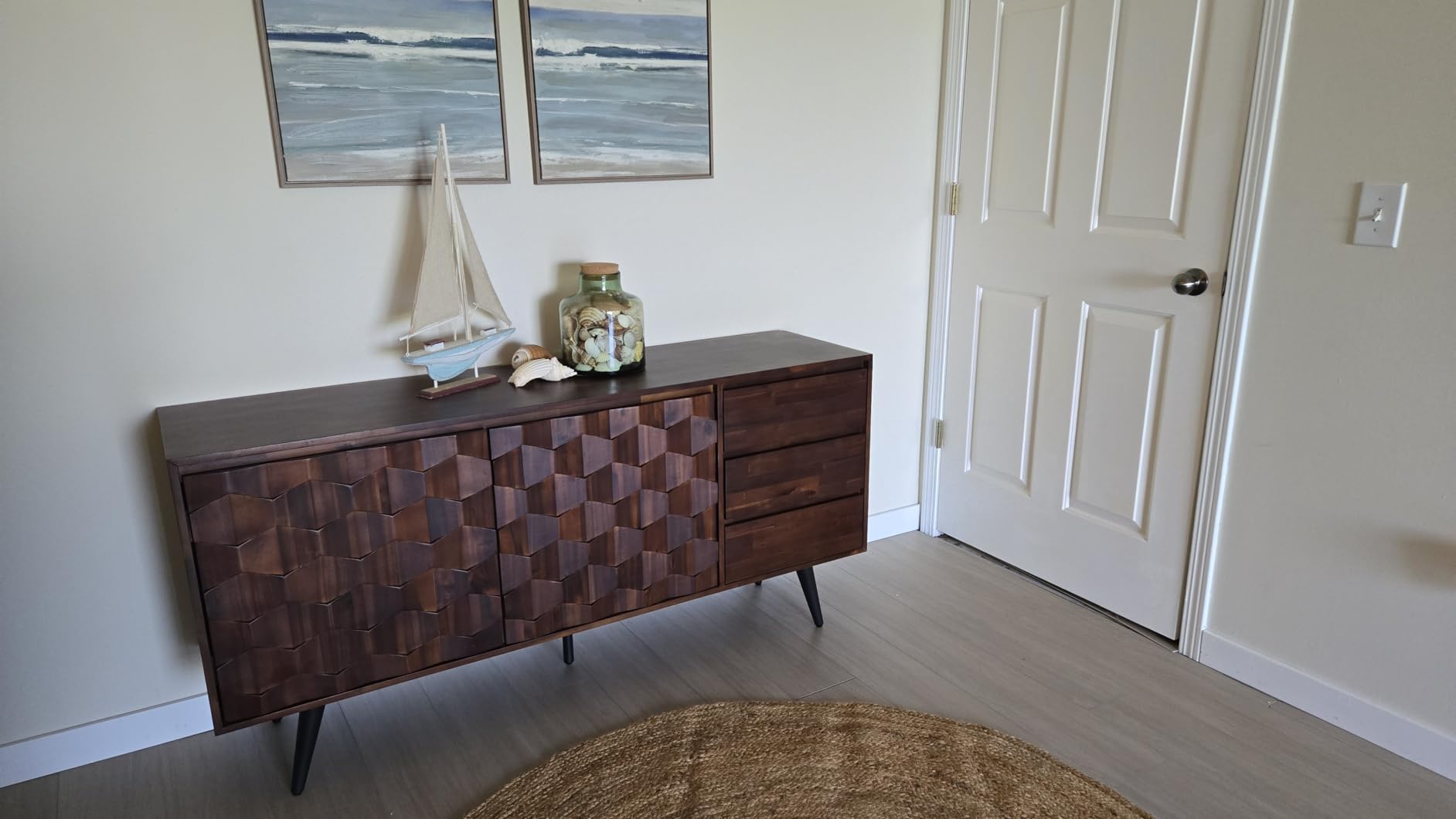 Bme Sideboard Georgina Solid Wood 2 Doors & 3 Drawers, 61'' Mid Century Modern Cabinet with Geometric Pattern for Kitchen, Dining, Living Room customer photo 2
