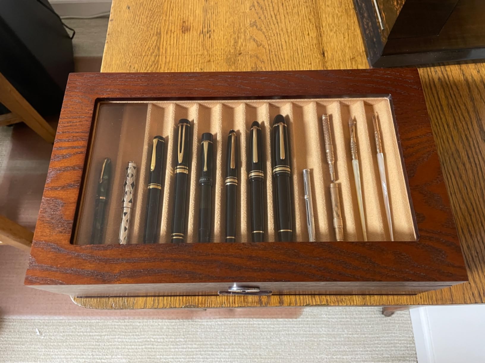 Pen Display Case with 24 Slots - Fountain Pen Storage Organizer with Glass Window (Brown Ash Veneer Finish, Creamy-White Velvet) customer photo 2