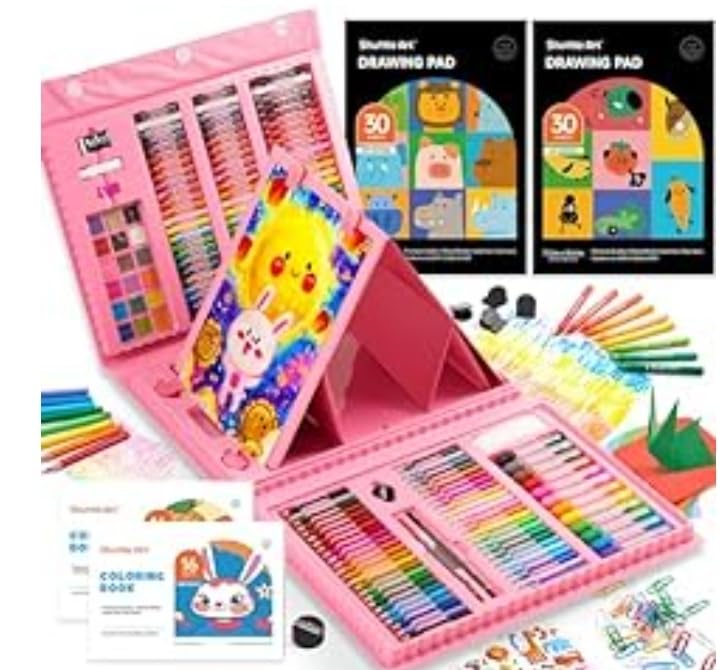 Shuttle Art 335 Piece Kids Art Set, Multi-Media Art Supplies, Gift Art Kit with Trifold Easel, 2 Drawing Pads, 2 Coloring Books, Oil Pastels, Crayons, Watercolors, Markers, Colored Pencils (Black) customer photo 2