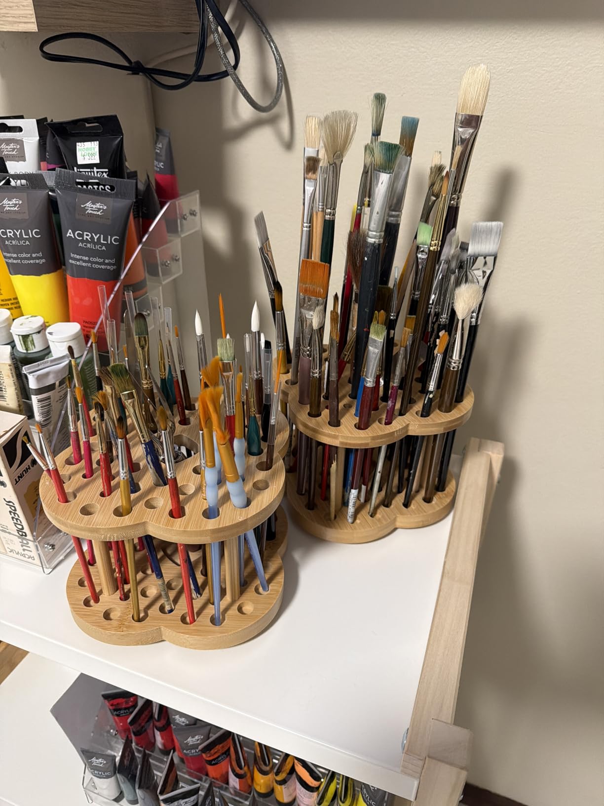 Foraineam 2 Pack Rotating Paint Brush Organizer Holder - 53 Holes Bamboo Display Drying Stand - Artist Watercolor Brush Stand Rack Art Supply Storage Organizer customer photo 1