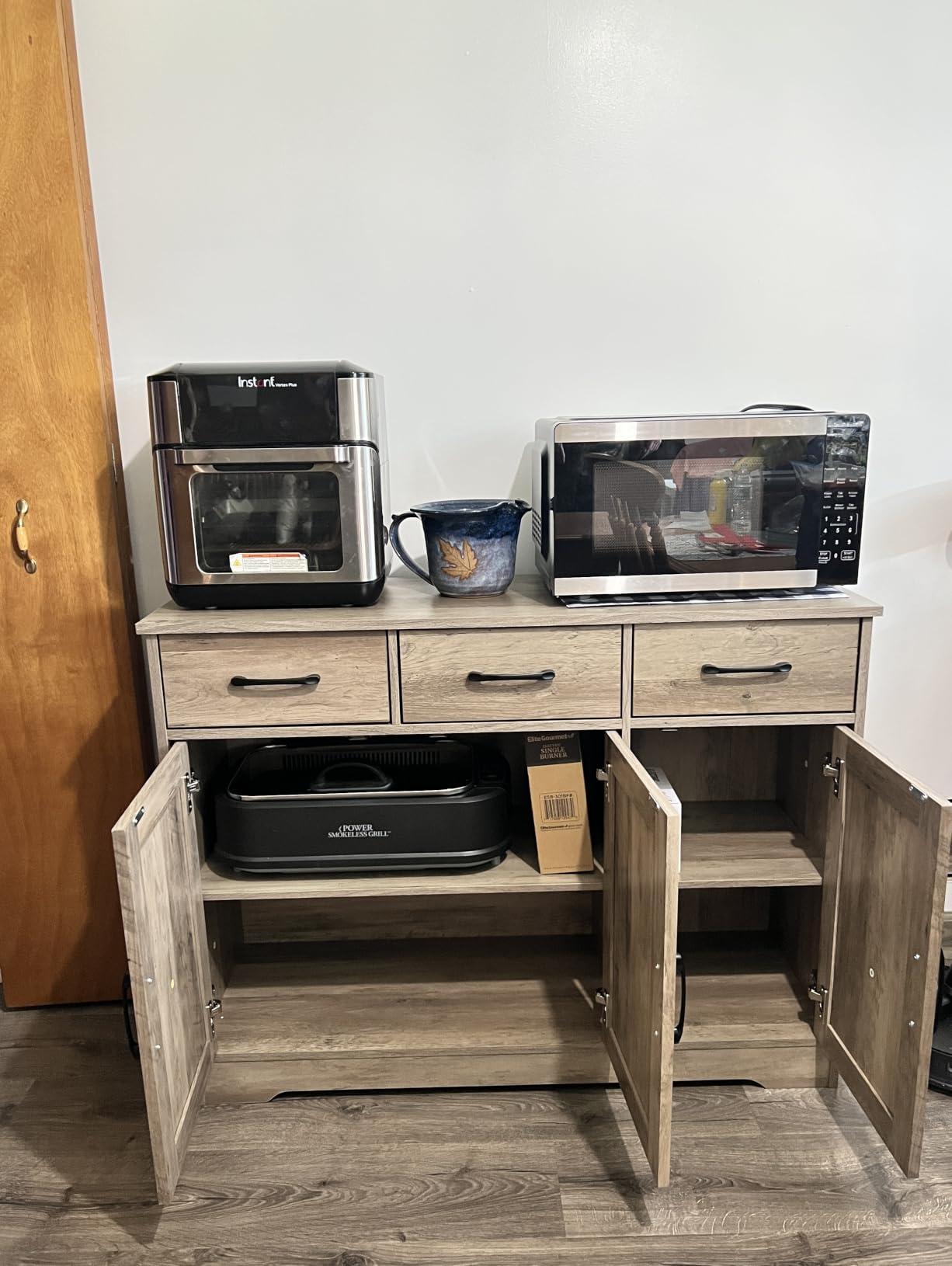 HOSTACK Modern Farmhouse Buffet Sideboard Cabinet, Barn Doors Storage Cabinet with Drawers and Shelves, Wood Coffee Bar with Storage for Dining Room, Kitchen, Living Room, Dark Brown customer photo 1