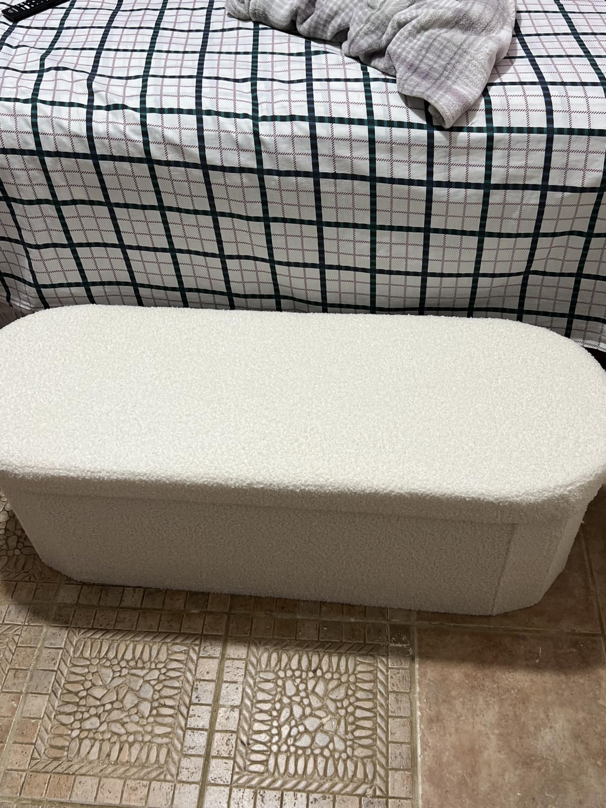 B FSOBEIIALEO Ottoman with Storage for Living Room, Sherpa Folding Storage Ottoman Foot Rest, 43.3 Inches Collapsible Bedroom Bench White Cream customer photo 2