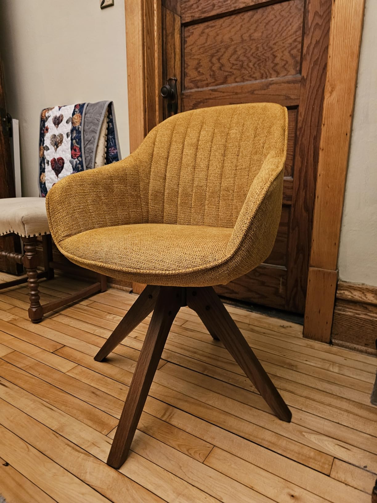 Art Leon Mid Century Modern Swivel Accent Chair - Fabric Upholstered Armchair with Natural Oak Wood Legs, Desk Chair No Wheels, Off White customer photo 2