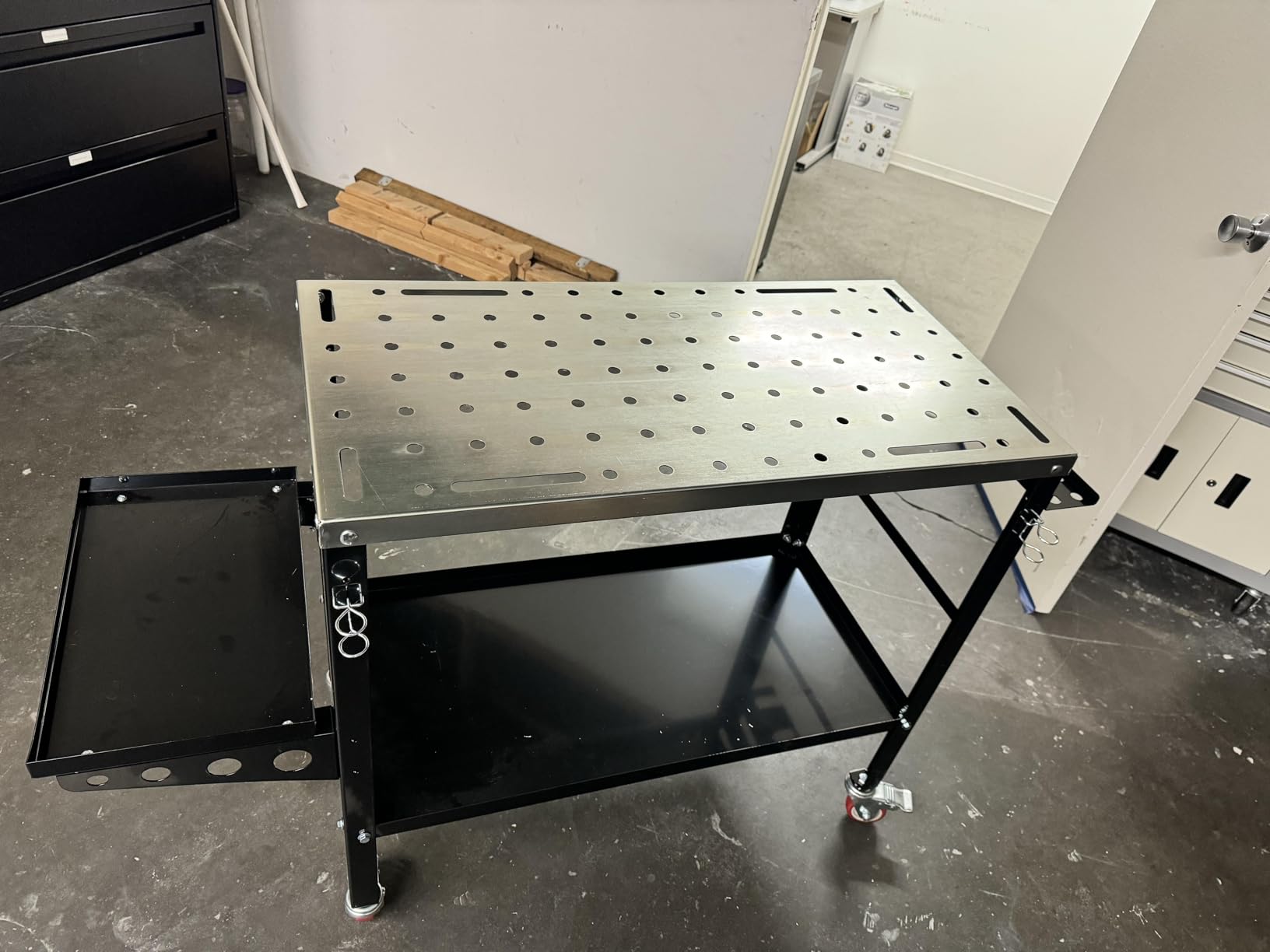 Goplus Rolling Welding Table, 1200 LBS Welding Workbench Table Top w/Lockable Wheels, Tool Rack & Tray, 144 5/8