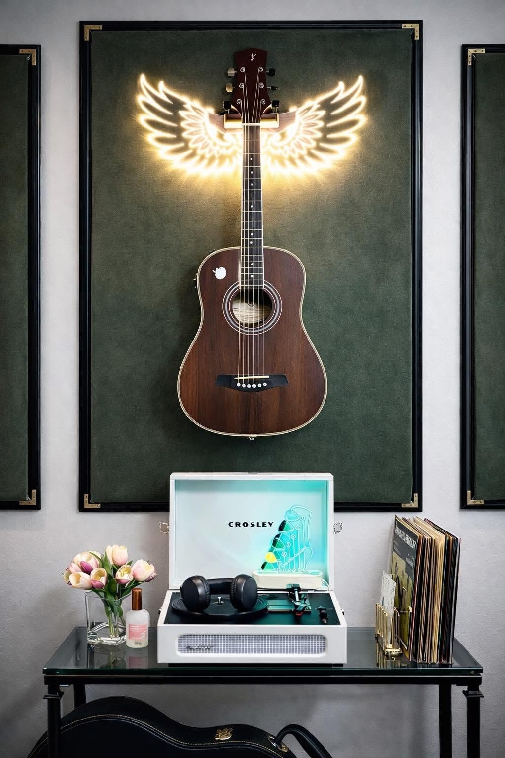 CoolGift Mart Guitar Stand Wall Mount with Luminous Angel Wings, Acrylic Wooden Guitar Hanger Shelf with USB Powered, for Acoustic Electric Bass Ukulele, Gift for Music Lovers Men Guitar Players customer photo 1
