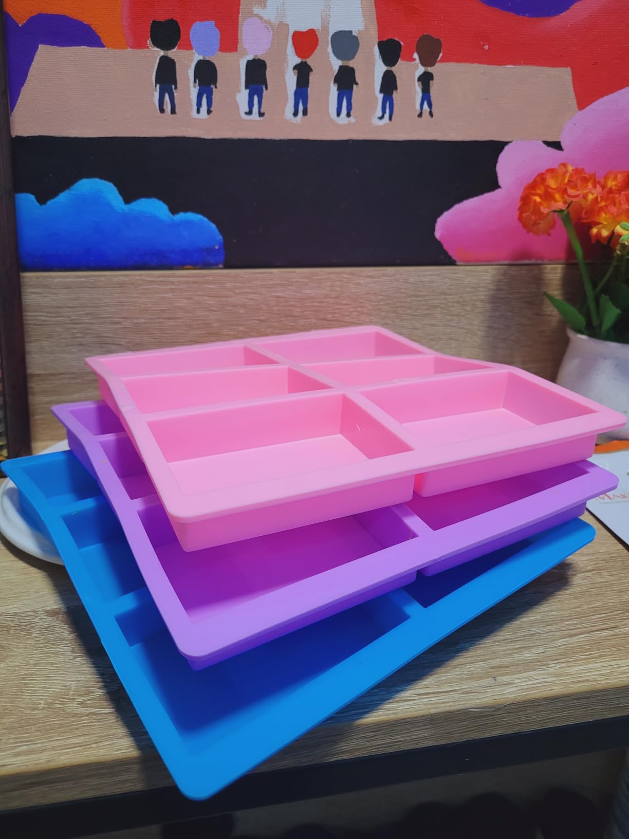 SJ Silicone Soap Molds 3 Packs, Rectangle Soap Molds for Soap Making, 6 Cavity Mold for Homemade Craft Soap Mold, Jelly, Chocolate & Ice Cube Trays(Blue, Purple & Pink) customer photo 1