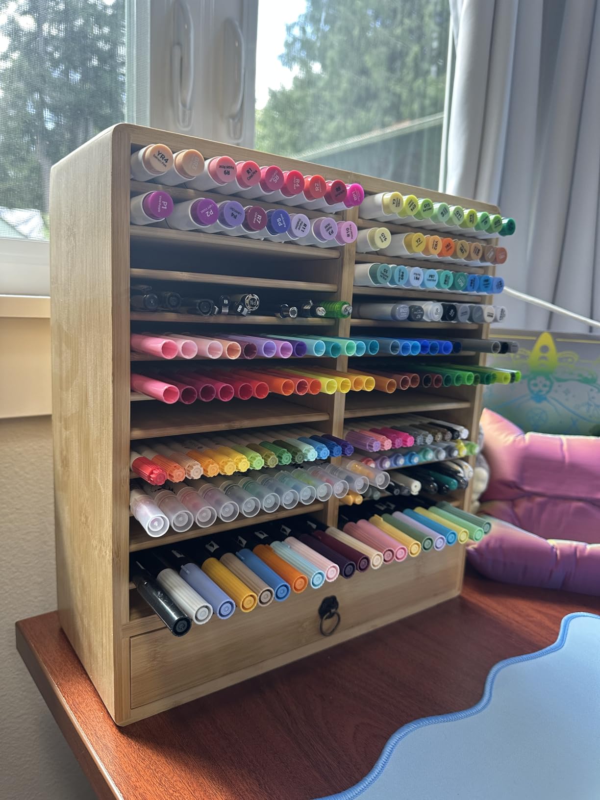 Marker Organizer, 24 Slots Wooden Storage for Up to 216 Markers with Drawer | Art Supply Alcohol Pen Storage Desktop Bamboo Marker Holder, Keeping Color Visible, Easy to Reach in Home Office and Classroom customer photo 2
