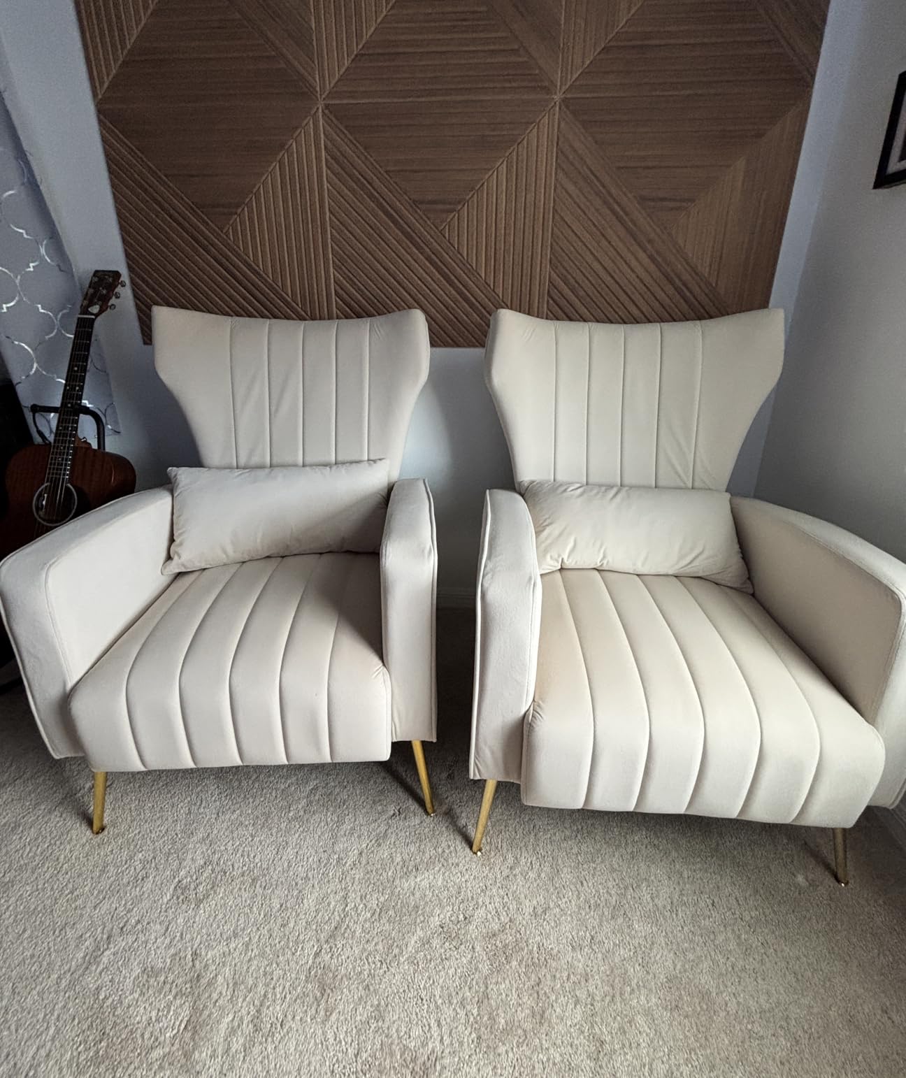 Velvet Accent Chair Set of 2, Wingback Armchair for Living Room, HighBack Reading Chair with Golden Legs Lumbar Pillow, Upholstered Single Sofa Comfy for Bedroom, Apartment, Small Spaces, Beige customer photo 1