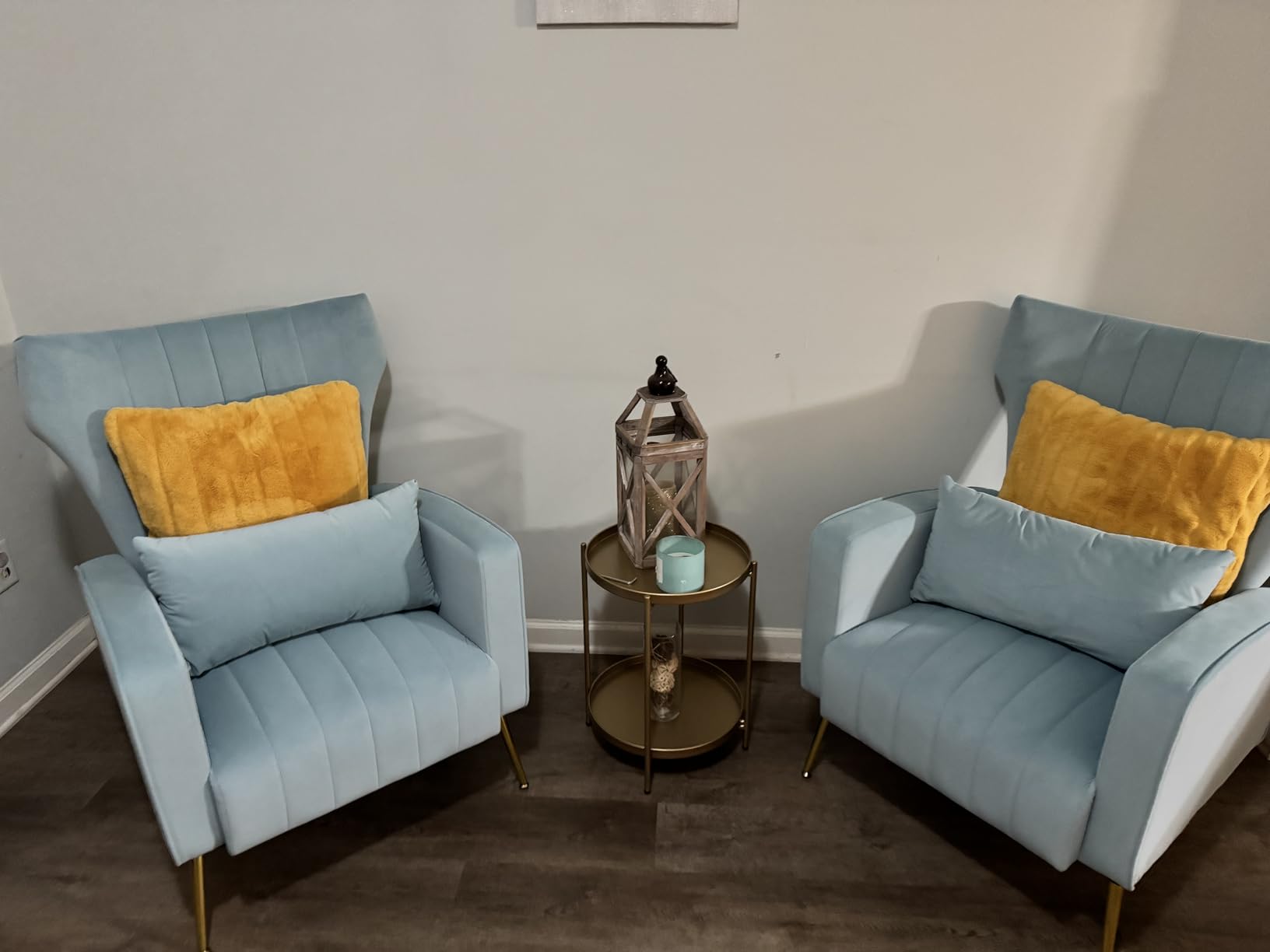 Velvet Accent Chair Set of 2, Wingback Armchair for Living Room, HighBack Reading Chair with Golden Legs Lumbar Pillow, Upholstered Single Sofa Comfy for Bedroom, Apartment, Small Spaces, Beige customer photo 2