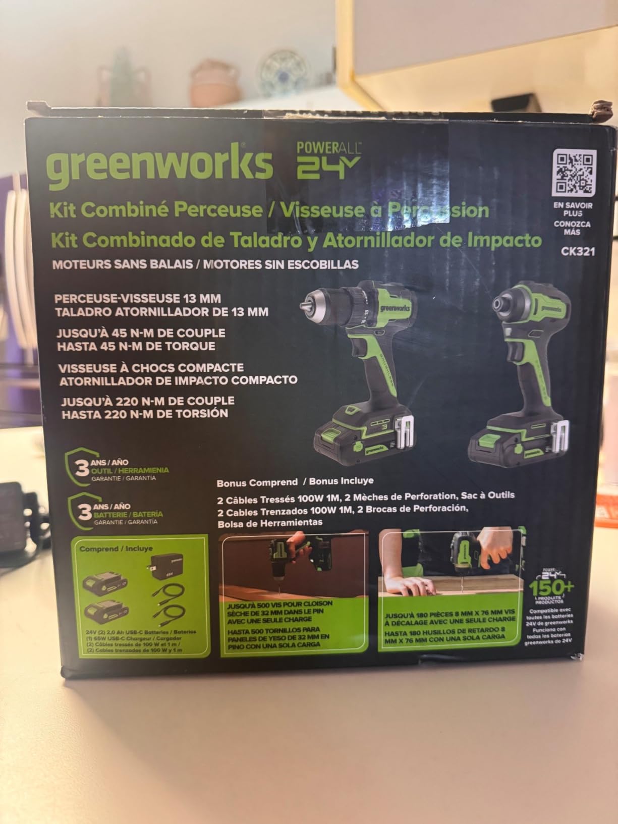 Greenworks 24V Cordless Brushless 400 in-lbs Drill/Driver + 1950 in-lbs Impact Driver Combo, High Torque, Lightweight, (2) 2.0Ah USB-C Batteries and 65W USB-C Fast Charger customer photo 1