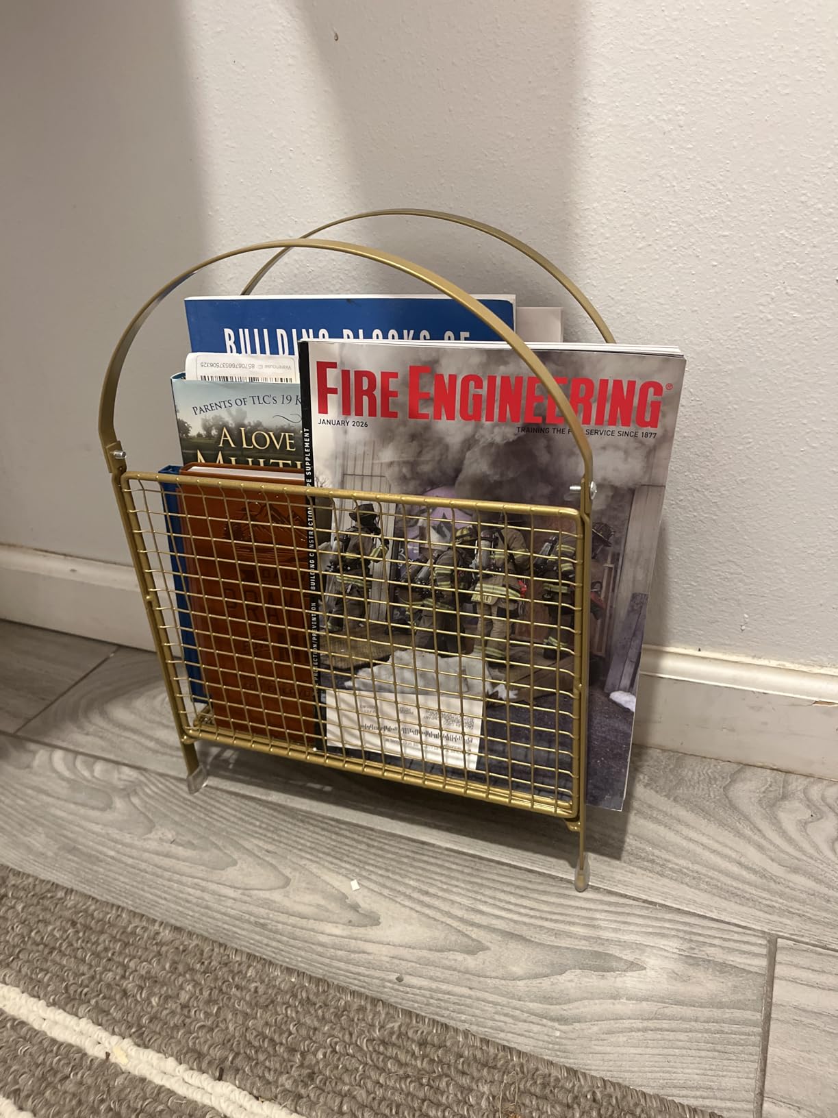 PUERSI Freestanding Magazine Holder - Modern Touch Handbag Design, Magazine Organizer Metal Rack for Books, Vinyl Record, Newspaper (Gold) customer photo 1