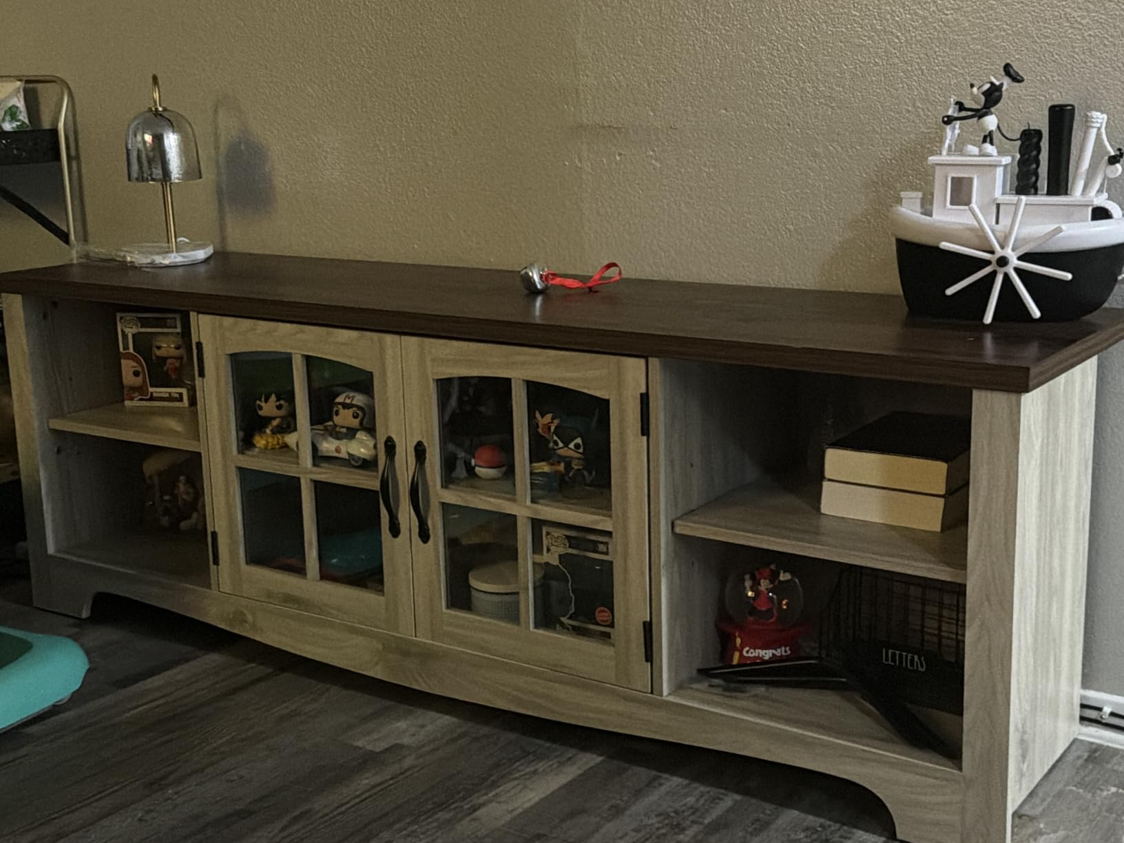 LINSY HOME TV Stand for 75 Inch TV, Modern Farmhouse Entertainment Center with Storage Cabinets and Glass Doors, Tall Media Console Table for Living Room, Bedroom, Large Long Television Stand, Beige customer photo 1