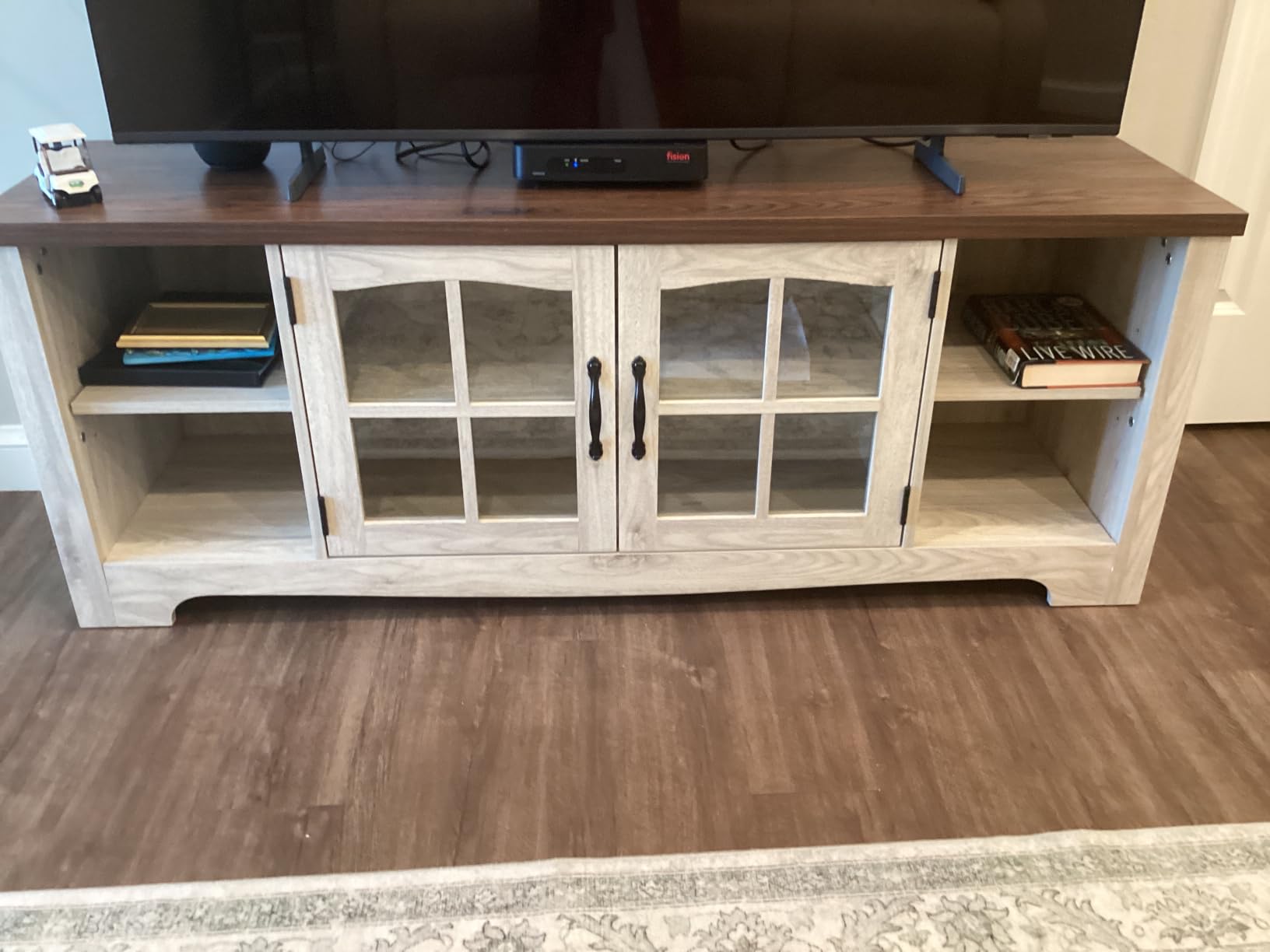 LINSY HOME TV Stand for 75 Inch TV, Modern Farmhouse Entertainment Center with Storage Cabinets and Glass Doors, Tall Media Console Table for Living Room, Bedroom, Large Long Television Stand, Beige customer photo 2