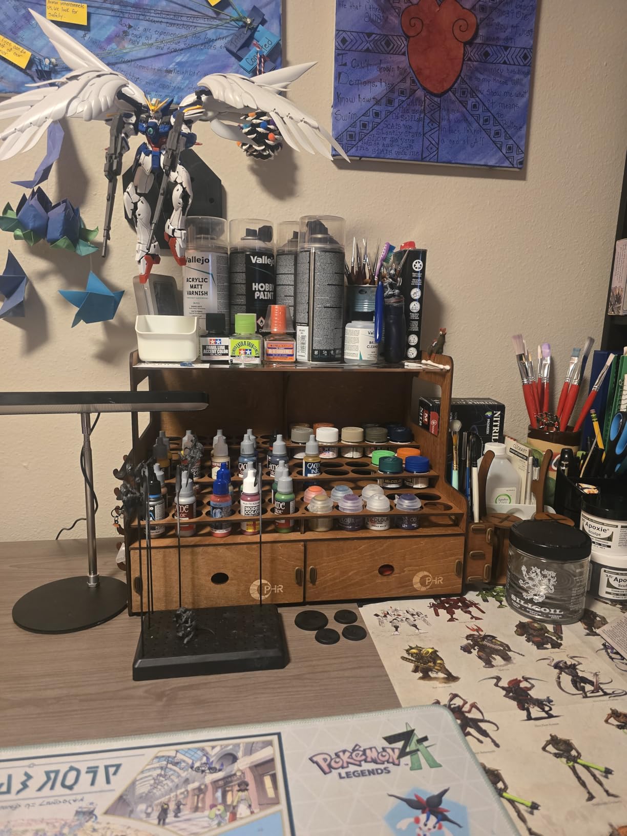 Wooden Paint Rack for 60 Bottles with 2 Brush Holders & 2 Drawers | Paint Organizer with 1.42