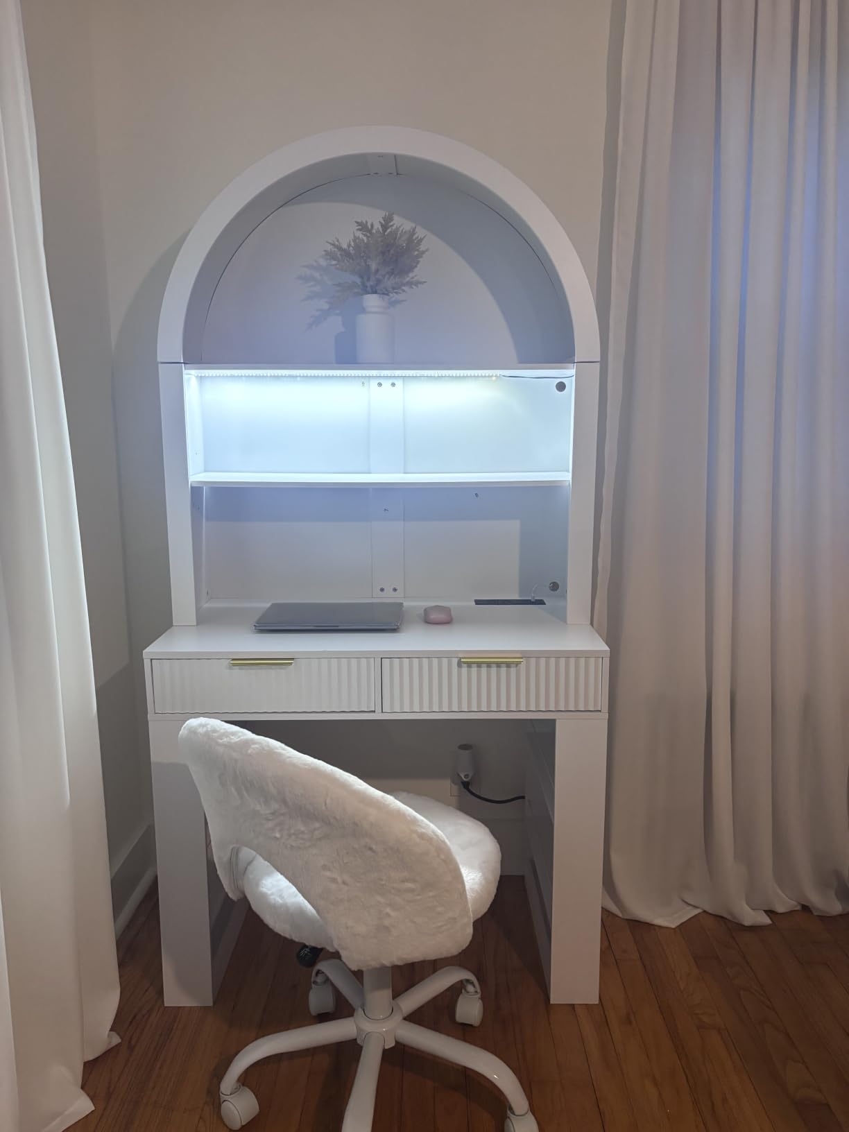 Arched Writing Desk with Hutch, Home Office Desk with 2 Drawers, Secretary Desk with Outlets, 3 Color LED Lights, Open Shelves, Computer Desk for Small Space customer photo 1