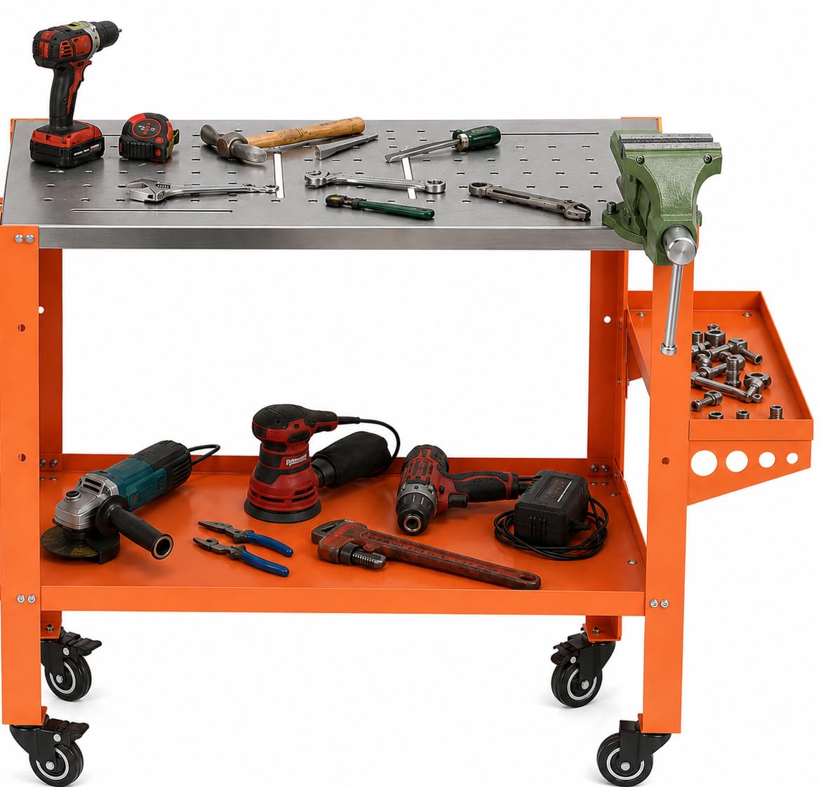 36 x 18 Inch Welding Table, 1200 lbs Capacity Welding Workbench Table with Lockable Wheels,Tool Rack & Tray, Tool Slots and 5/8