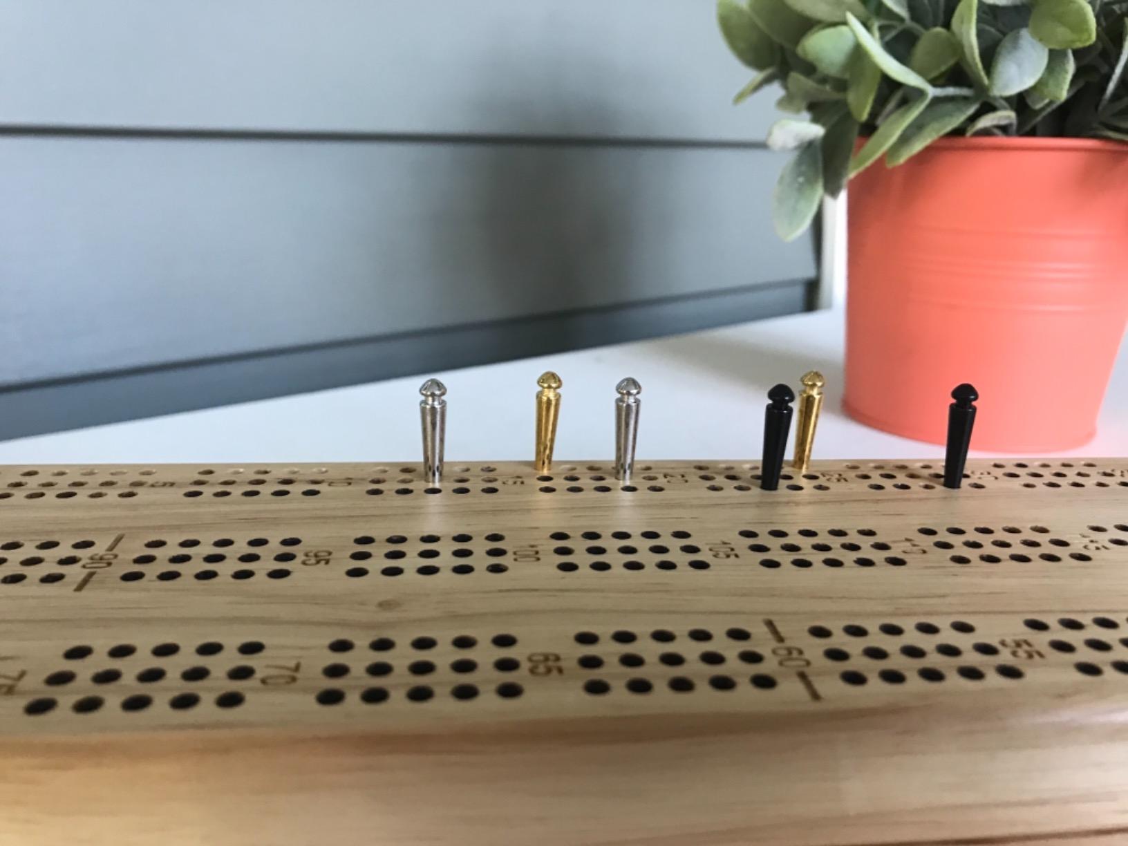 WE Games Wooden Cribbage Board Game Set, Continuous 3 Track for 2-3 Players, Travel Cribbage Board with Card Storage, Includes 9 Metal Pegs & Deck of Cards, Card Games, Classic Board Games for Adults customer photo 1