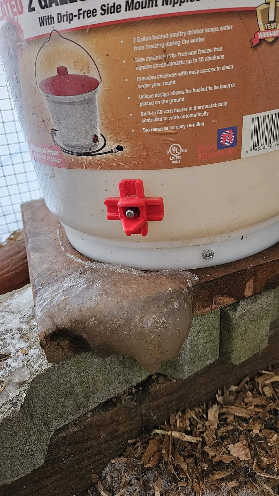 Farm Innovators HB-60P Heated Poultry Waterer Drinker, 2-Gal, 60W | Thermostatically controlled to keep water from freezing, side mounted drip-free/freeze-free nipples for up to 15 chickens customer photo 2