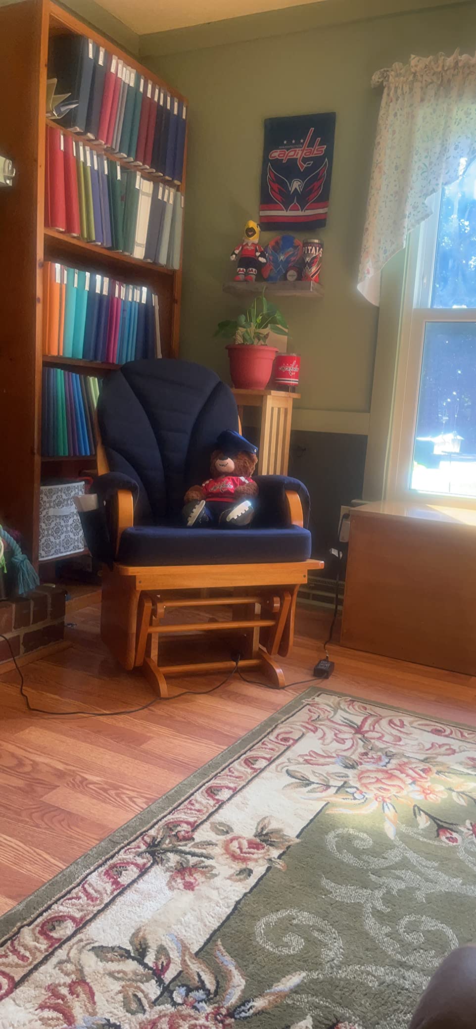 Foundations Lullaby Wood Base Glider Rocker Chair, Navy Polyester | Baby Feeding and Rocking Chair for Nursery, Daycare Environment, Nursery Rocking Chairs with Padded Foam Arm Rests customer photo 1
