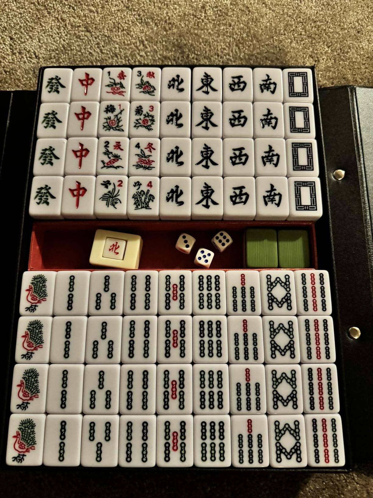 Yellow Mountain Imports YMI Rouge Heritage Chinese Mahjong Set, 146 Tiles | 146 engraved melamine tiles with green bamboo stripe design, red vinyl case, dice, wind indicator, 9.4 lbs. Chinese only. customer photo 1