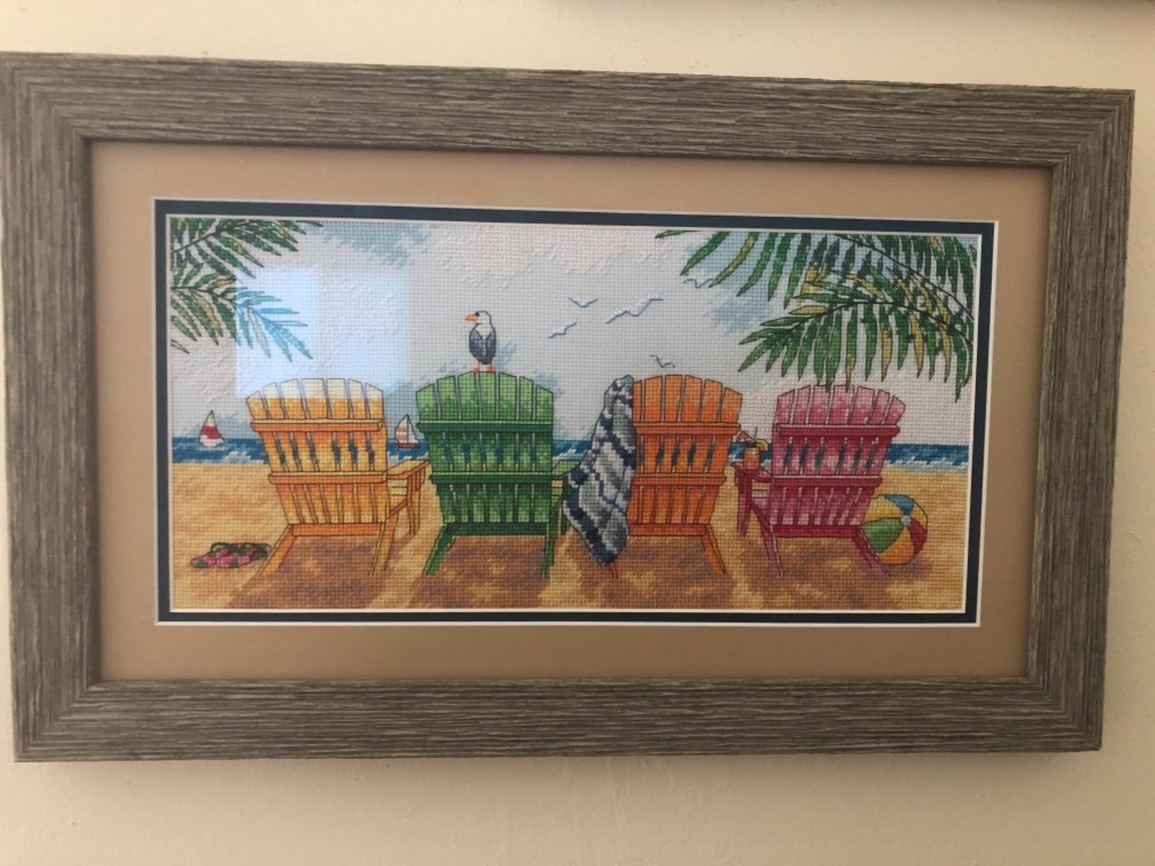 Dimensions 'Colored Beach Chairs' Counted Cross Stitch Kit, 14 Count Light Blue Aida, 7'' x 14'' customer photo 1