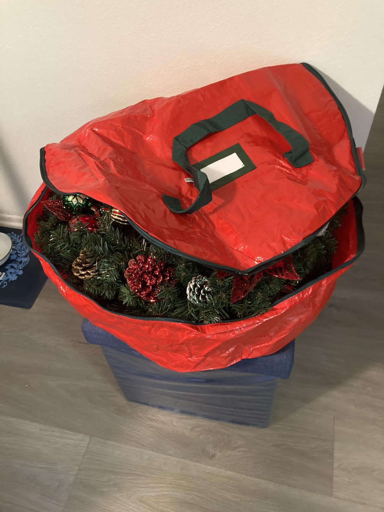 ZOBER Christmas Wreath Storage Container 36 Inch - Wreath Bag for Artificial Wreaths Box - Dual Zippered Wreaths Storage Bag with Strong Durable Handles - Red customer photo 1