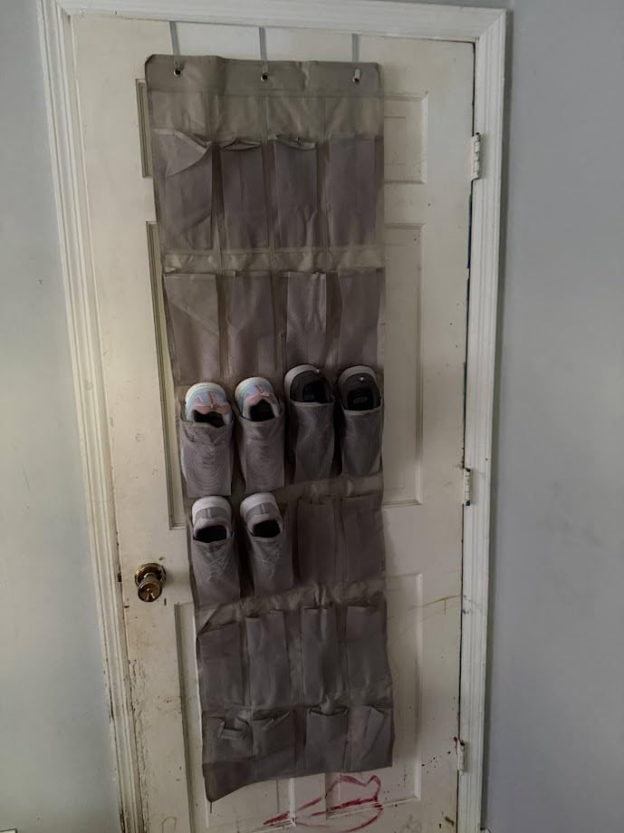 Amazon Basics 24 Medium Mesh Pocket Over-the-Door Hanging Shoe Organizer, Space Saving Shoe Storage, Light Grey | Over-the-Door customer photo 1