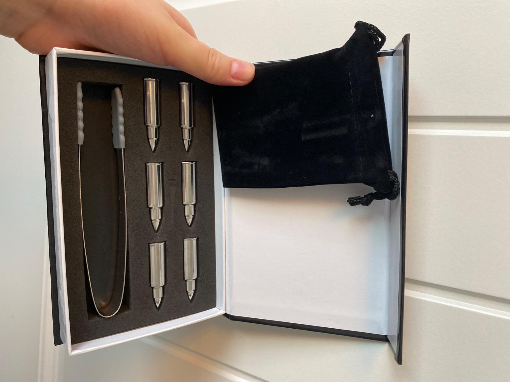 Bullet Whiskey Chillers Stones - Whiskey Rocks by The Wine Savant Set of 6 - Stainless Steel Bullet Shaped Ice Cubes, Gift Box Come, Tongs and Storage Bag, Whiskey or Scotch Rocks (Silver) customer photo 1