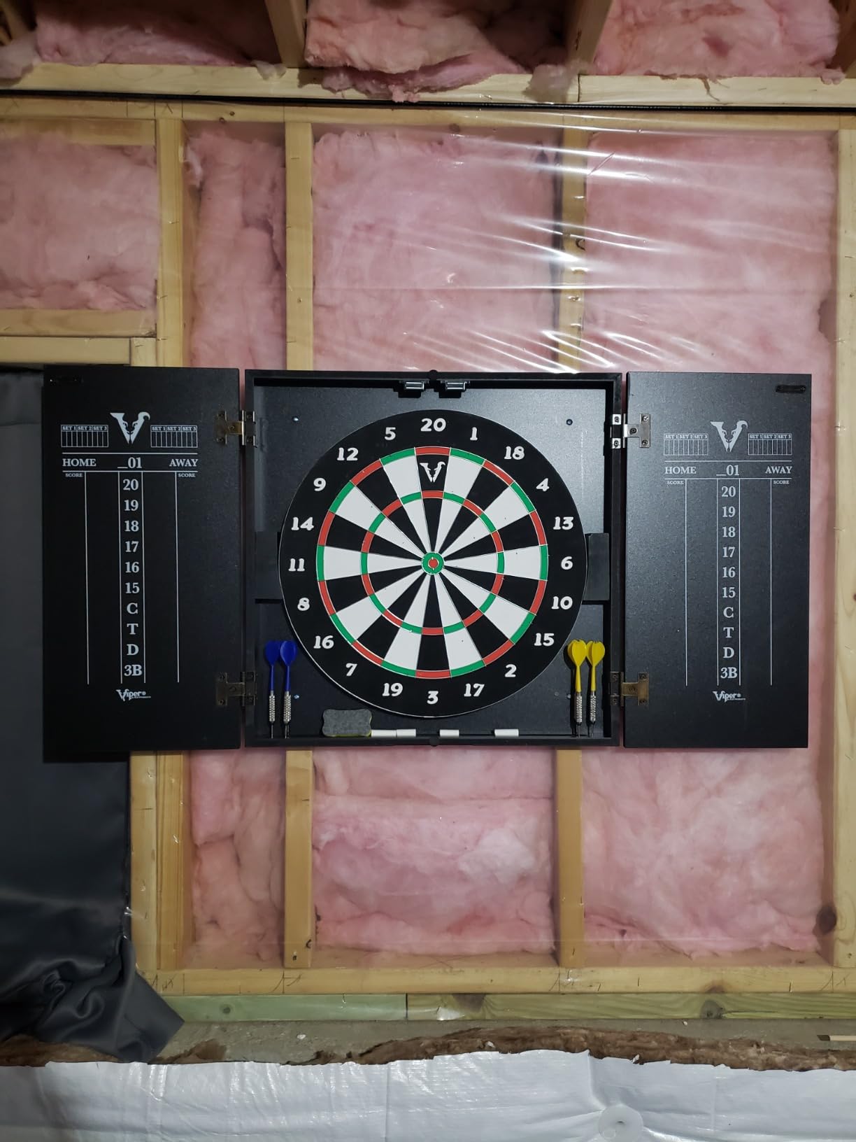 Viper Hideaway Dartboard Cabinet Set with Steel-Tip Dart Board, Reversible Board with Baseball Game Option, Two Sets of Darts, Chalk Scoreboards, and Matte Black Finish customer photo 1