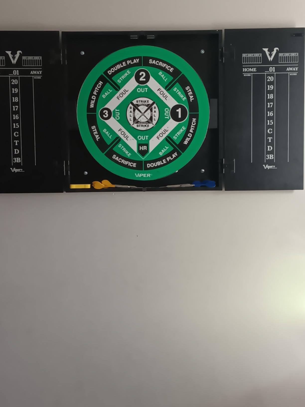 Viper Hideaway Dartboard Cabinet Set with Steel-Tip Dart Board, Reversible Board with Baseball Game Option, Two Sets of Darts, Chalk Scoreboards, and Matte Black Finish customer photo 2