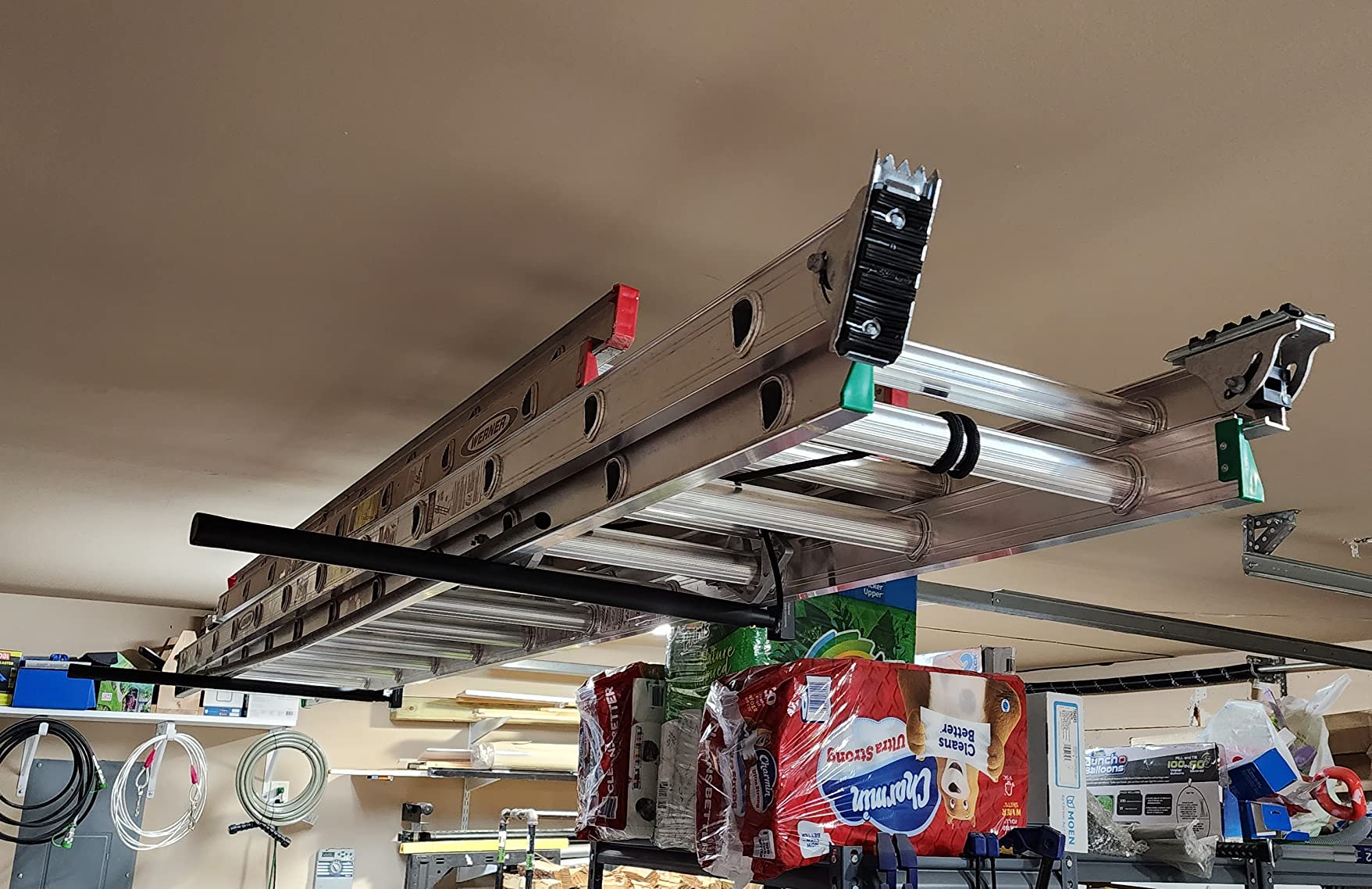 StoreYourBoard Adjustable Overhead Ladder Rack - Garage Organizer Ladder Shelf for Step & Extension Ladders - Storage Racks and Shelving for Garage Organization - Ceiling Mounted - Holds 150 lbs customer photo 2