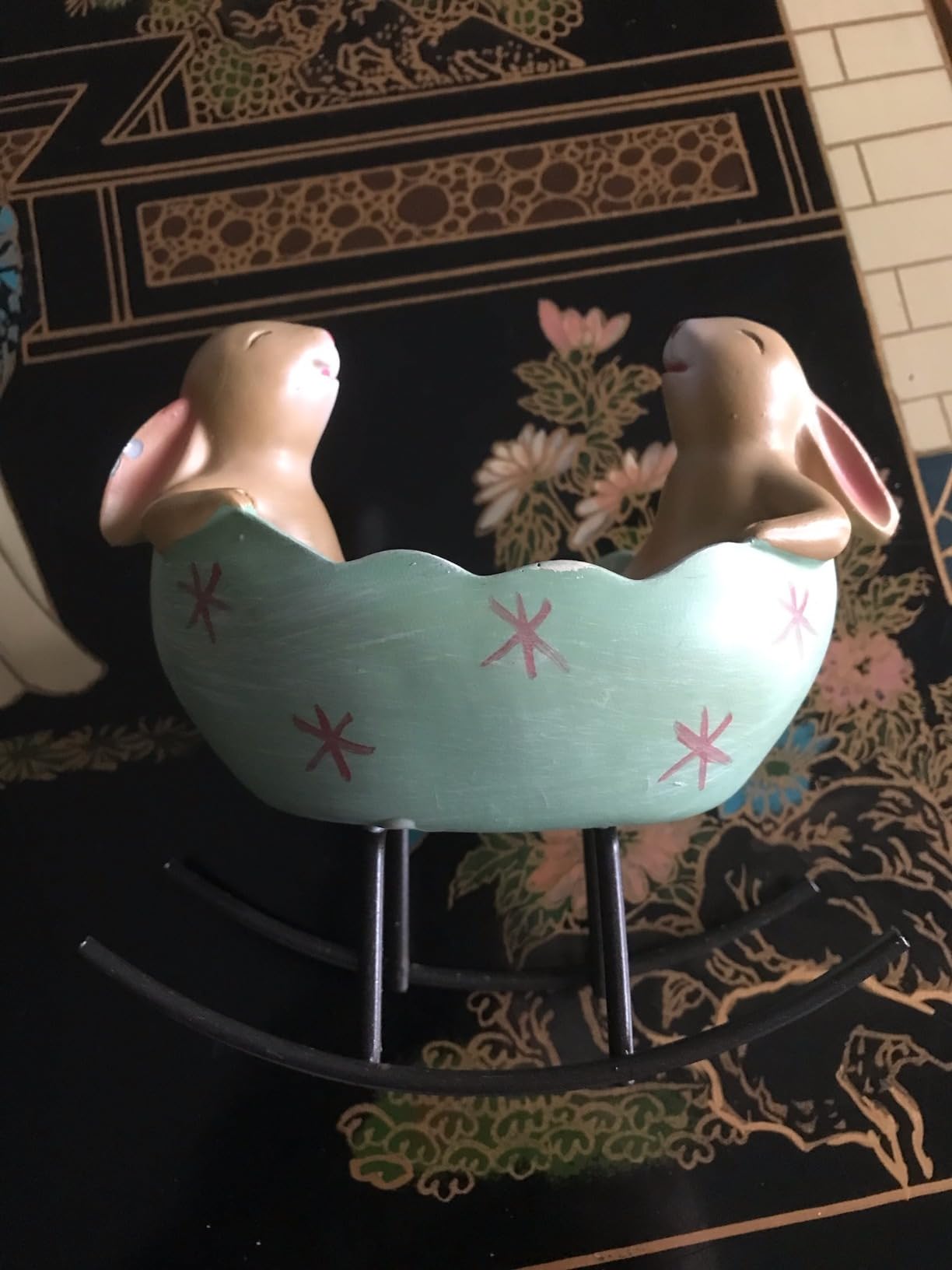 KiaoTime Laughing Bunny Rabbits Rocking in an Easter Egg Cradle Spring Easter Decoration Vintage Rustic Country Bunnies Rabbit Figurine Statue customer photo 2
