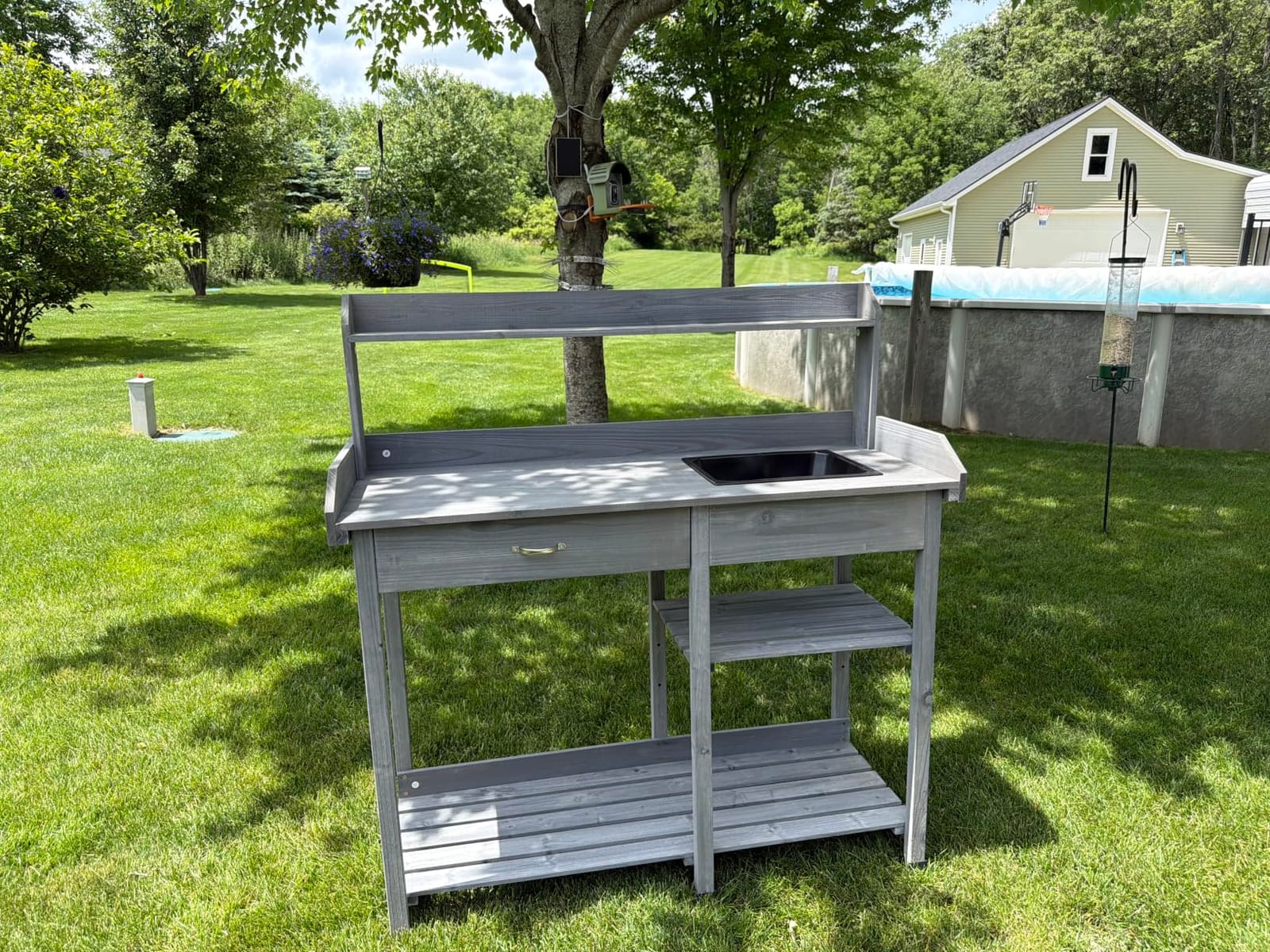 Yaheetech Potting Bench with Sink & Drawer, Outdoor Gardening Table, Gray | Fir wood planting table with 132 lb weight capacity, basin, storage drawer, shelves and hooks keeps pots and tools organized customer photo 1