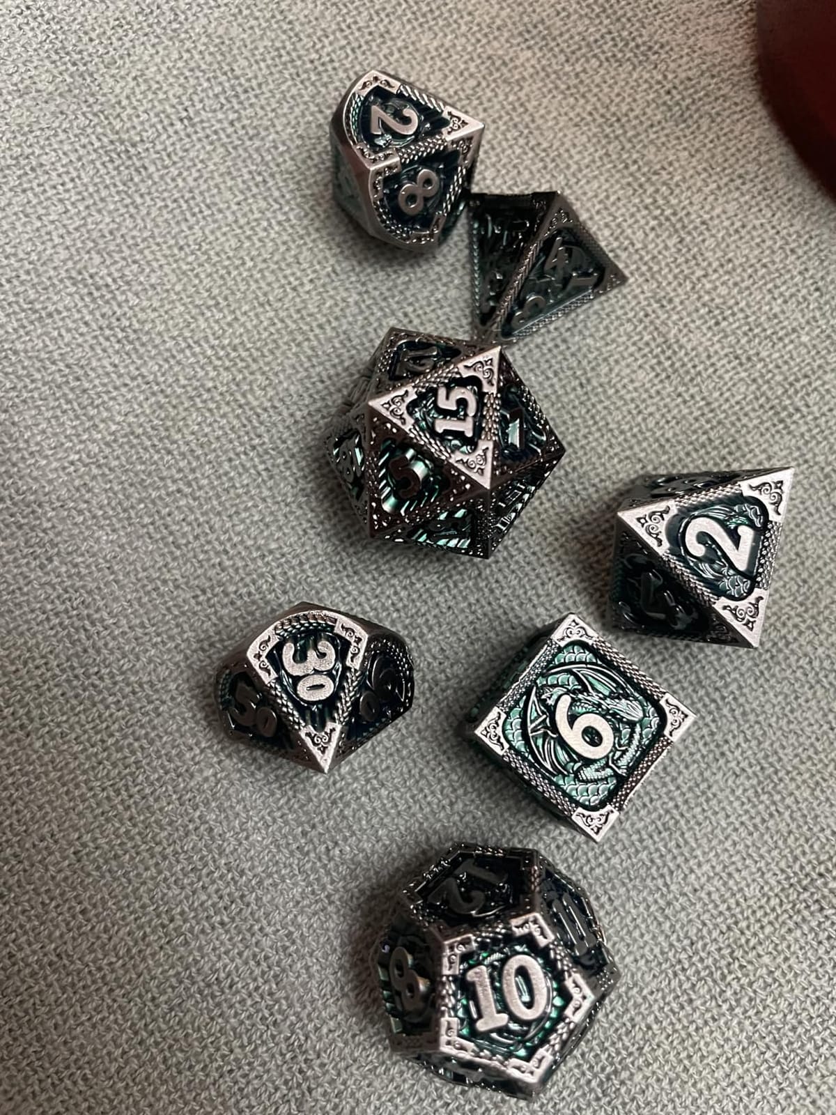 Haxtec Metal DND Dice Set, 7 Pcs Teal Polyhedral Dice for Table Games | Copper D&D Dice with Leather Bag, Compatible with Dungeons and Dragons, Ancient Heavy Metallic, Druid Dice, RPG Gifts customer photo 1